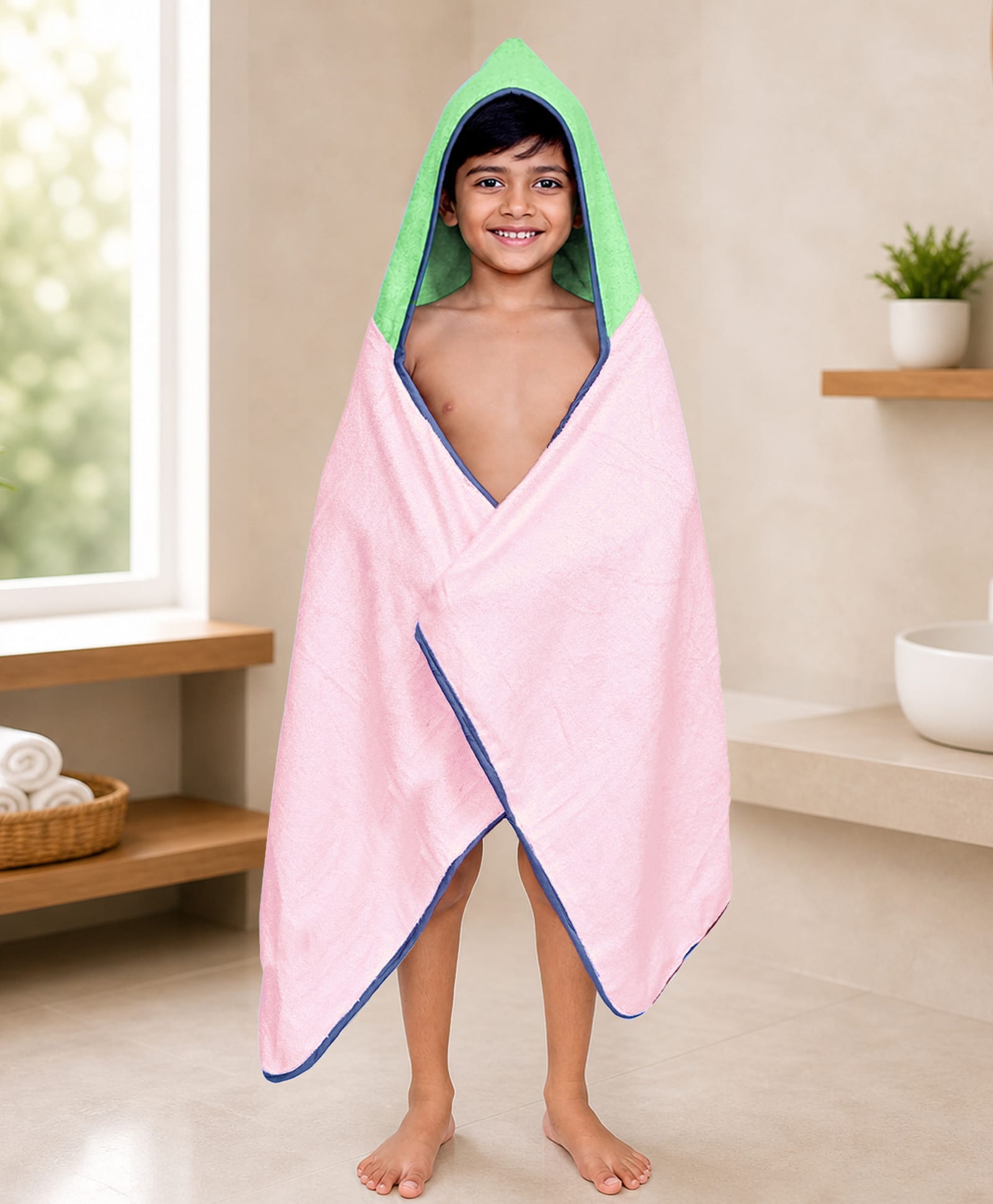 Mumma's Touch Organic Bamboo Fibre Woven Solid Hooded Towel - Pink & Green-picture-21