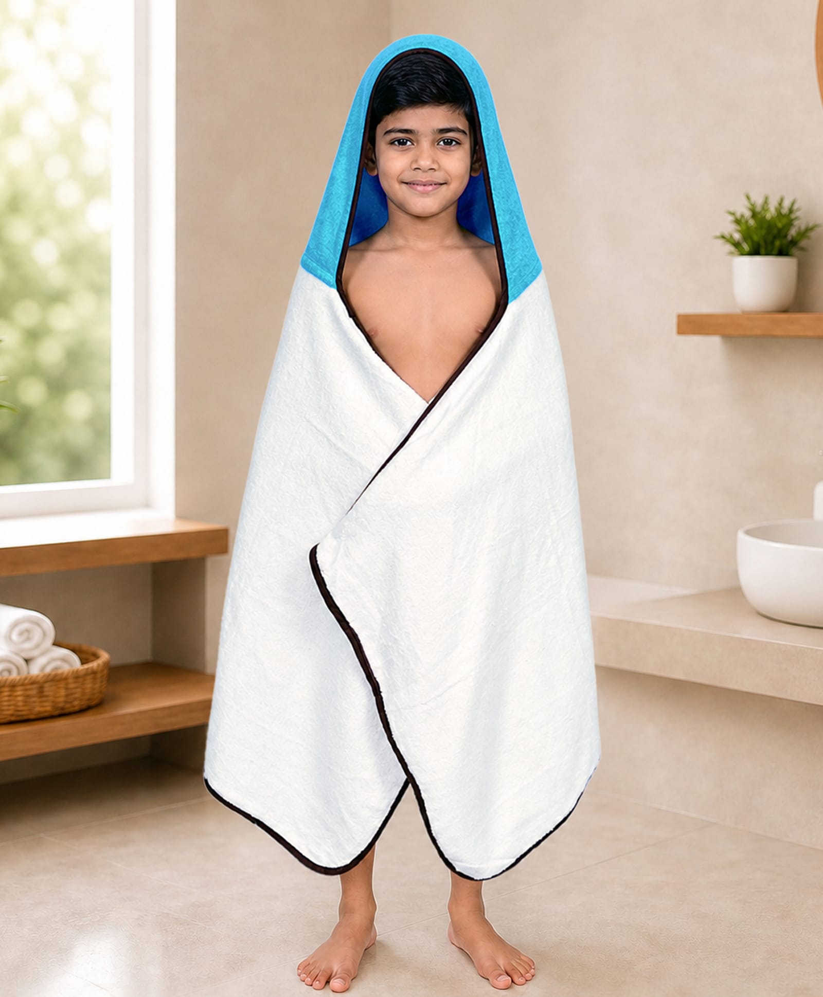Mumma's Touch Organic Bamboo Fibre Woven Solid Hooded Towel - White & Aqua-picture-27