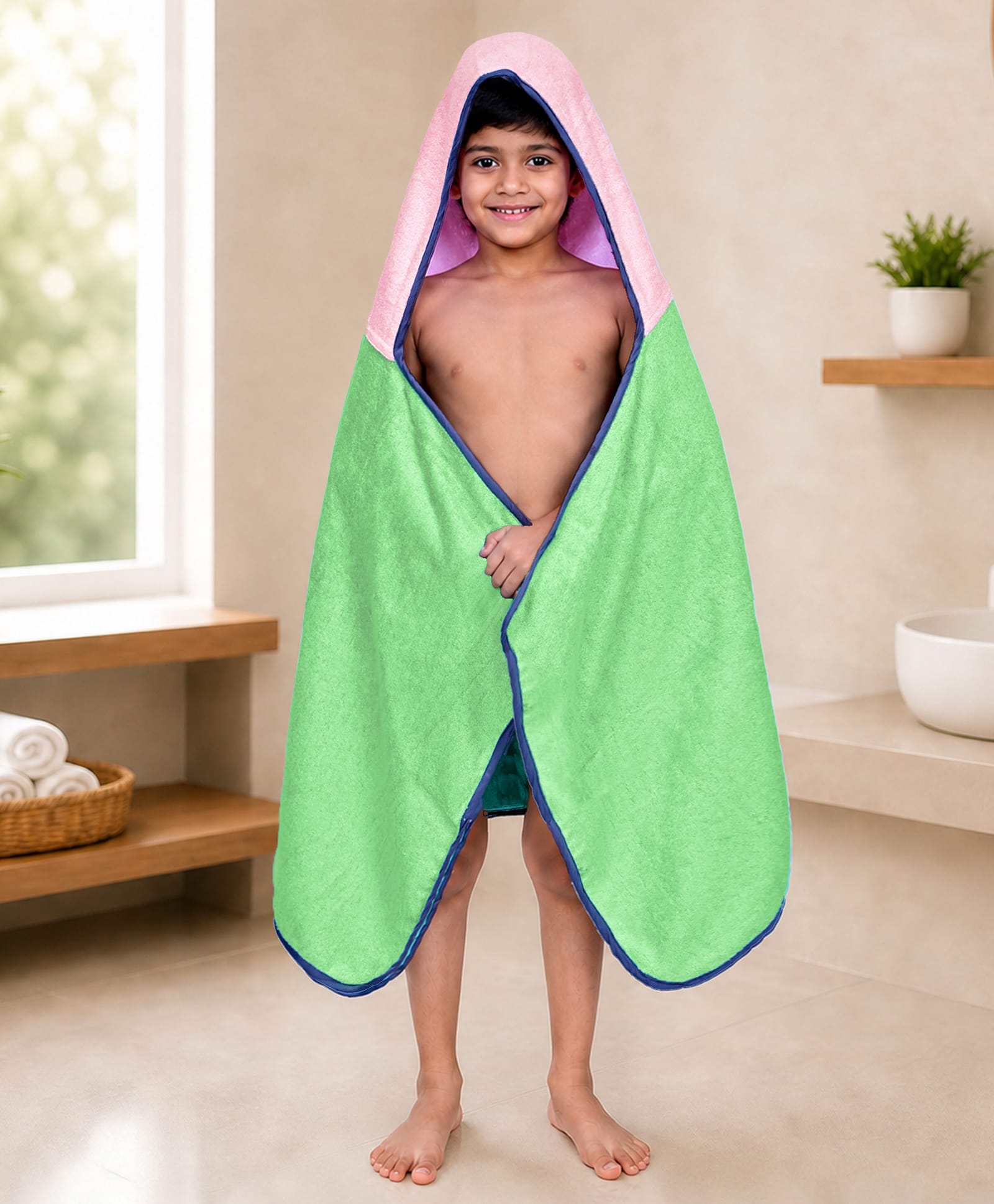 Mumma's Touch Organic Bamboo Fibre Woven Solid Hooded Towel - Green & PInk-image-33