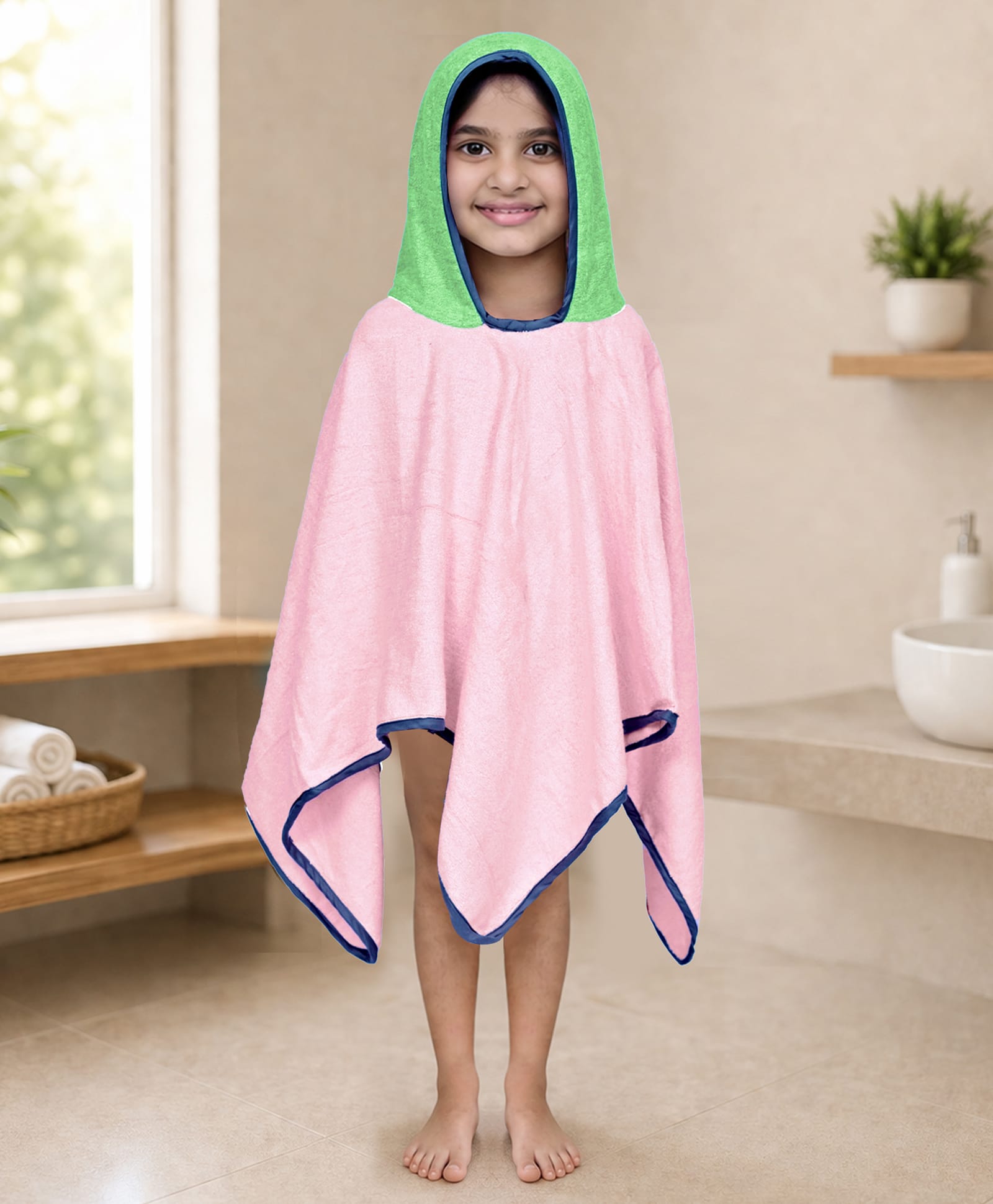 Mumma's Touch Organic Bamboo Fibre Woven Solid Hooded Poncho Towel - Pink & Green-image-19