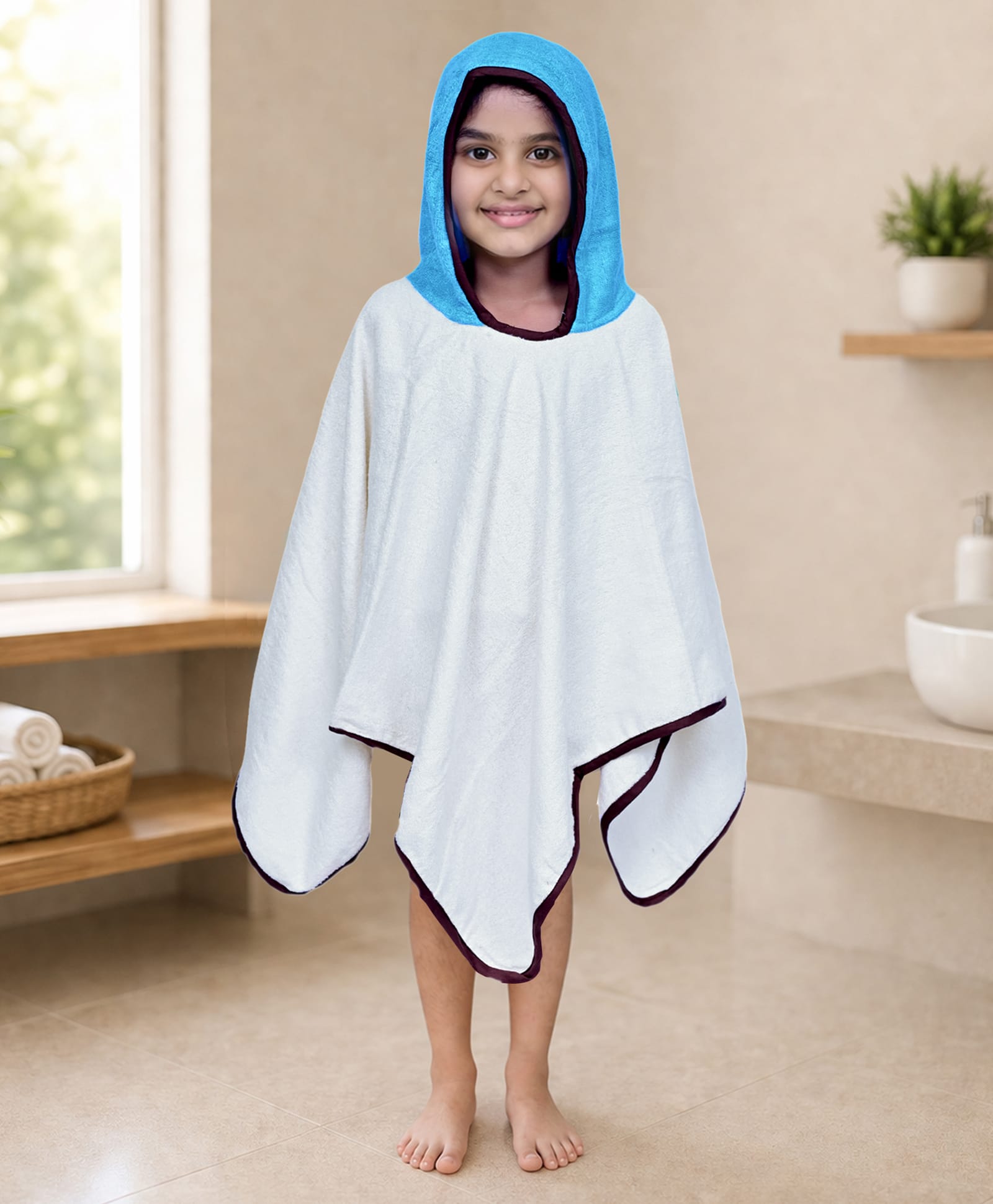 Mumma's Touch Organic Bamboo Fibre Woven Solid Hooded Poncho Towel - White & Aqua-image-12