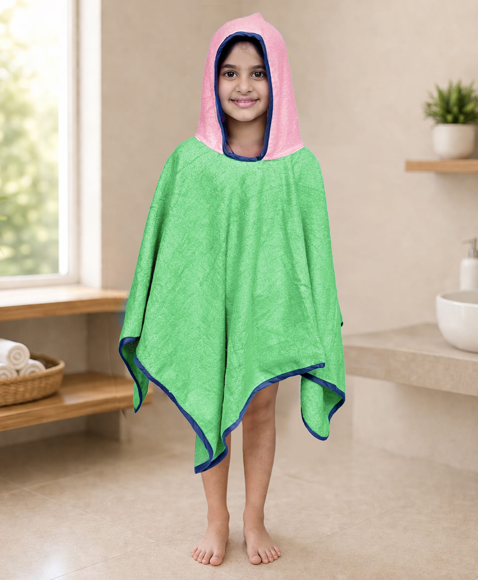 Mumma's Touch Organic Bamboo Fibre Woven Solid Hooded Poncho Towel - Green & Pink-image-35