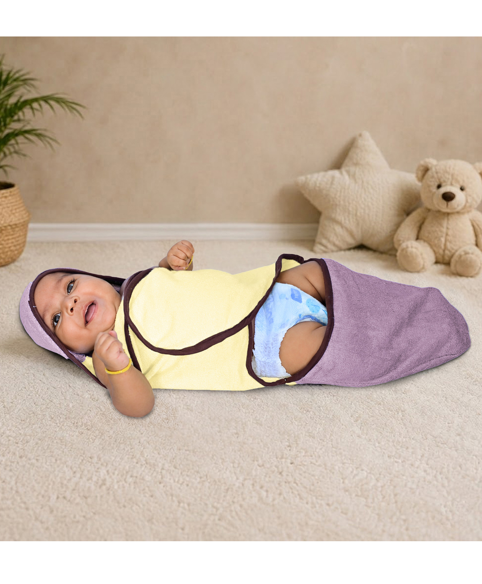 Mumma's Touch Organic Bamboo Fibre Woven Solid Hooded Carry Towel - Yellow With Magenta-picture-47