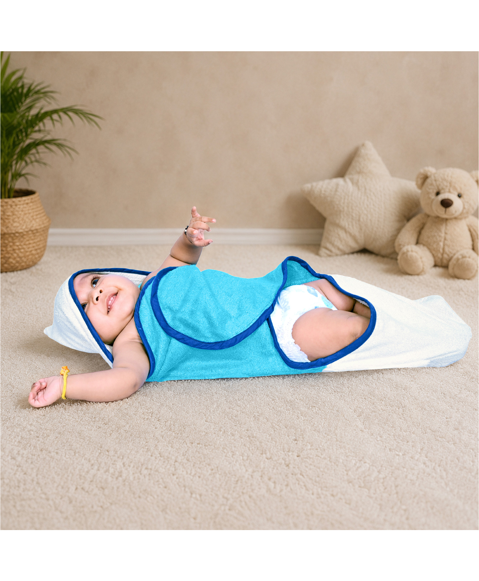 Mumma's Touch Organic Bamboo Fibre Woven Solid Hooded Carry Towel - Aqua & White-picture-33