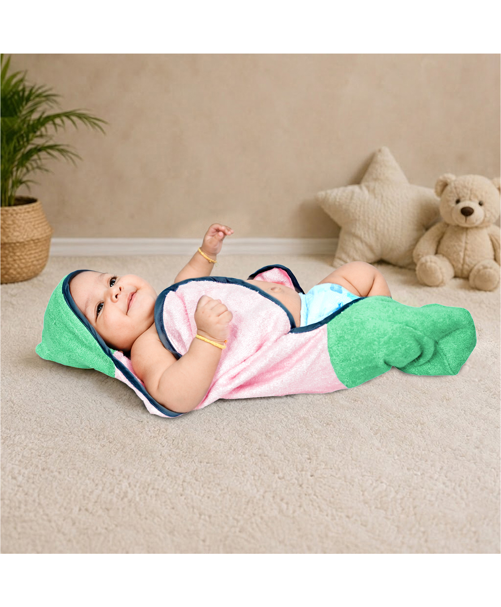 Mumma's Touch Organic Bamboo Fibre Woven Solid Hooded Carry Towel - Pink & Green-image-31