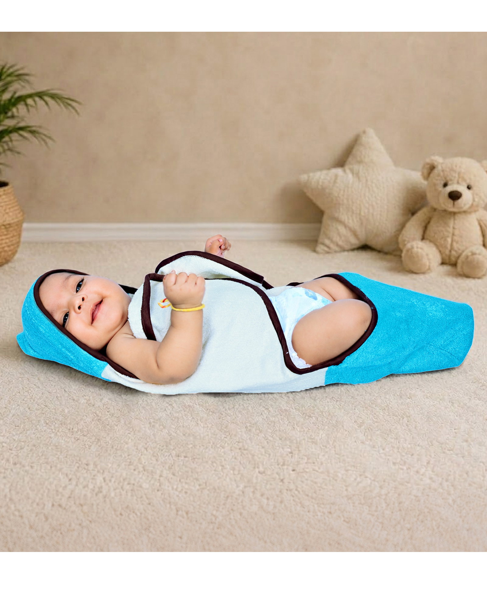 Mumma's Touch Organic Bamboo Fibre Woven Solid Hooded Carry Towel - White With Aqua Hood-picture-34