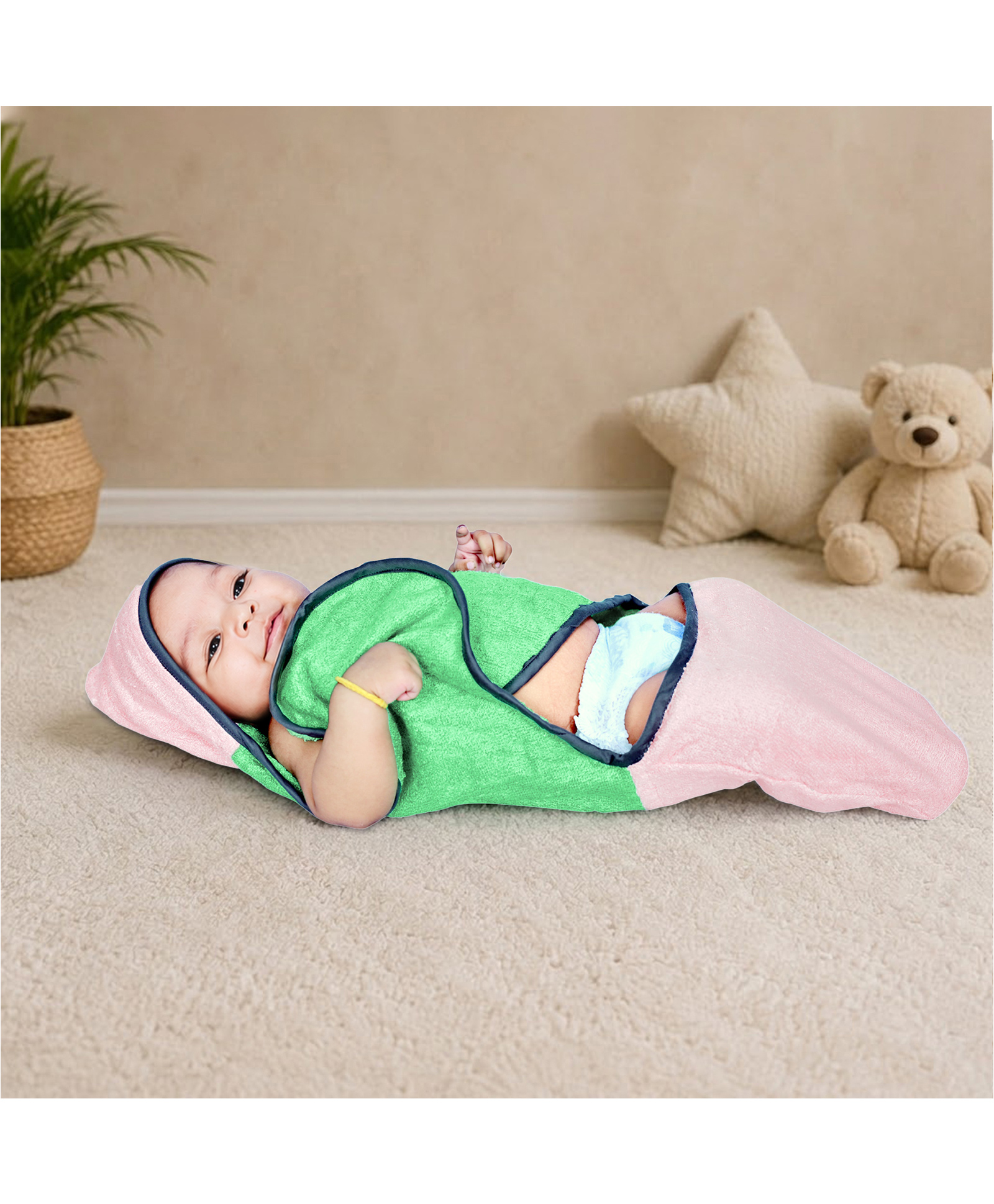 Mumma's Touch Organic Bamboo Fibre Woven Solid Hooded Carry Towel - Green With Pink Hood-image-37