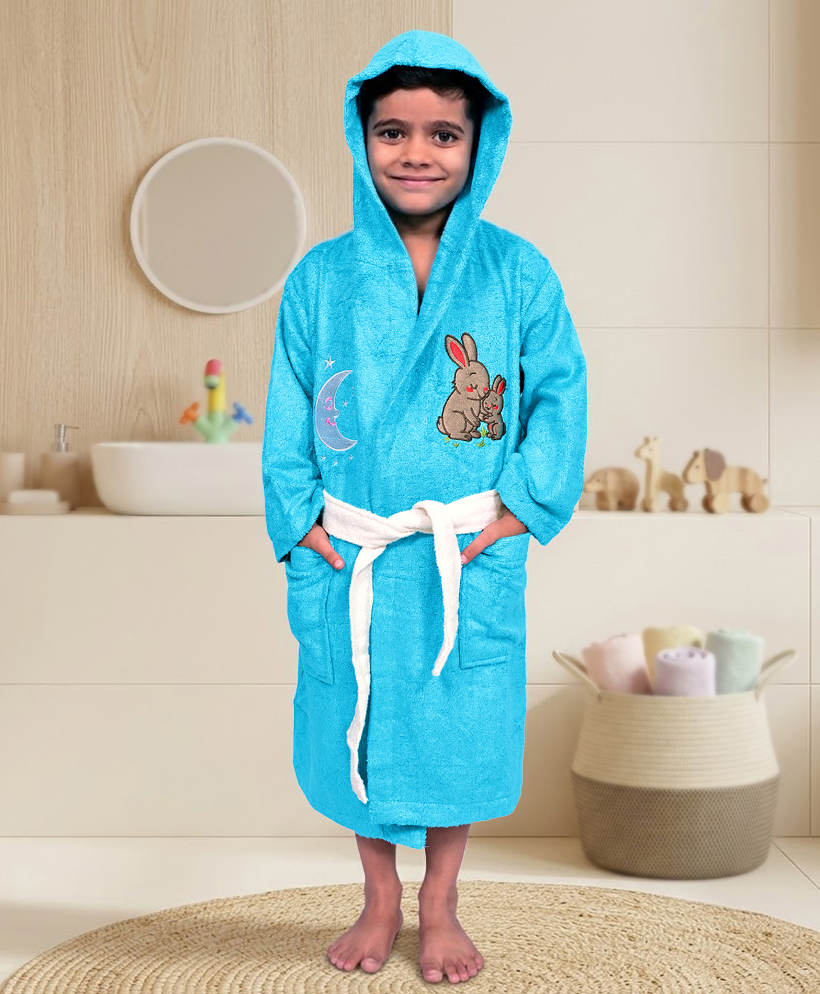 Mumma's Touch Organic Bamboo Fibre Woven Full Sleeves Bunnies Embroidered Hooded Bathrobe - Aqua-picture-20
