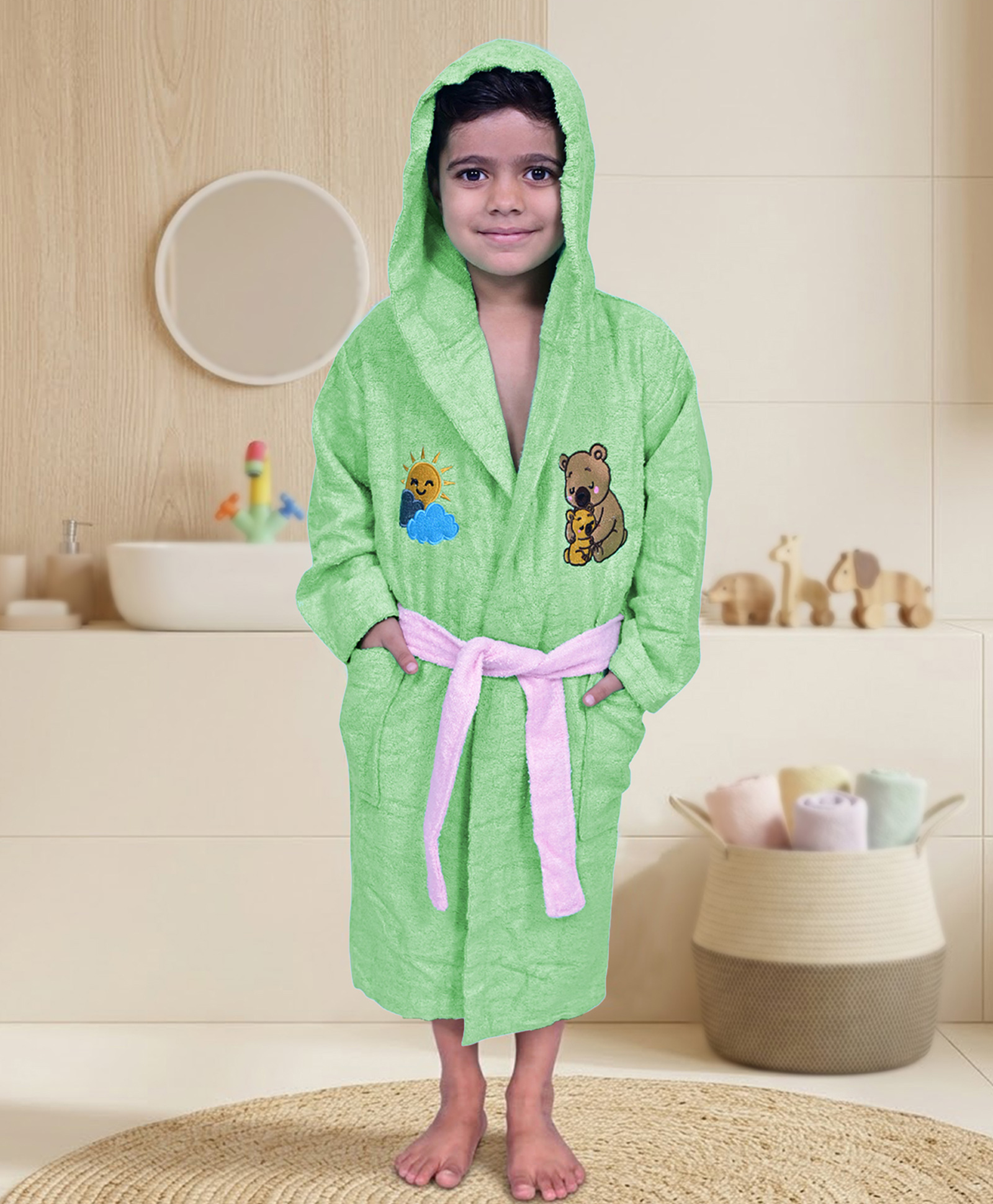 Mumma's Touch Organic Bamboo Fibre Woven Full Sleeves Bear Embroidered Hooded Bathrobe - Aqua-picture-18
