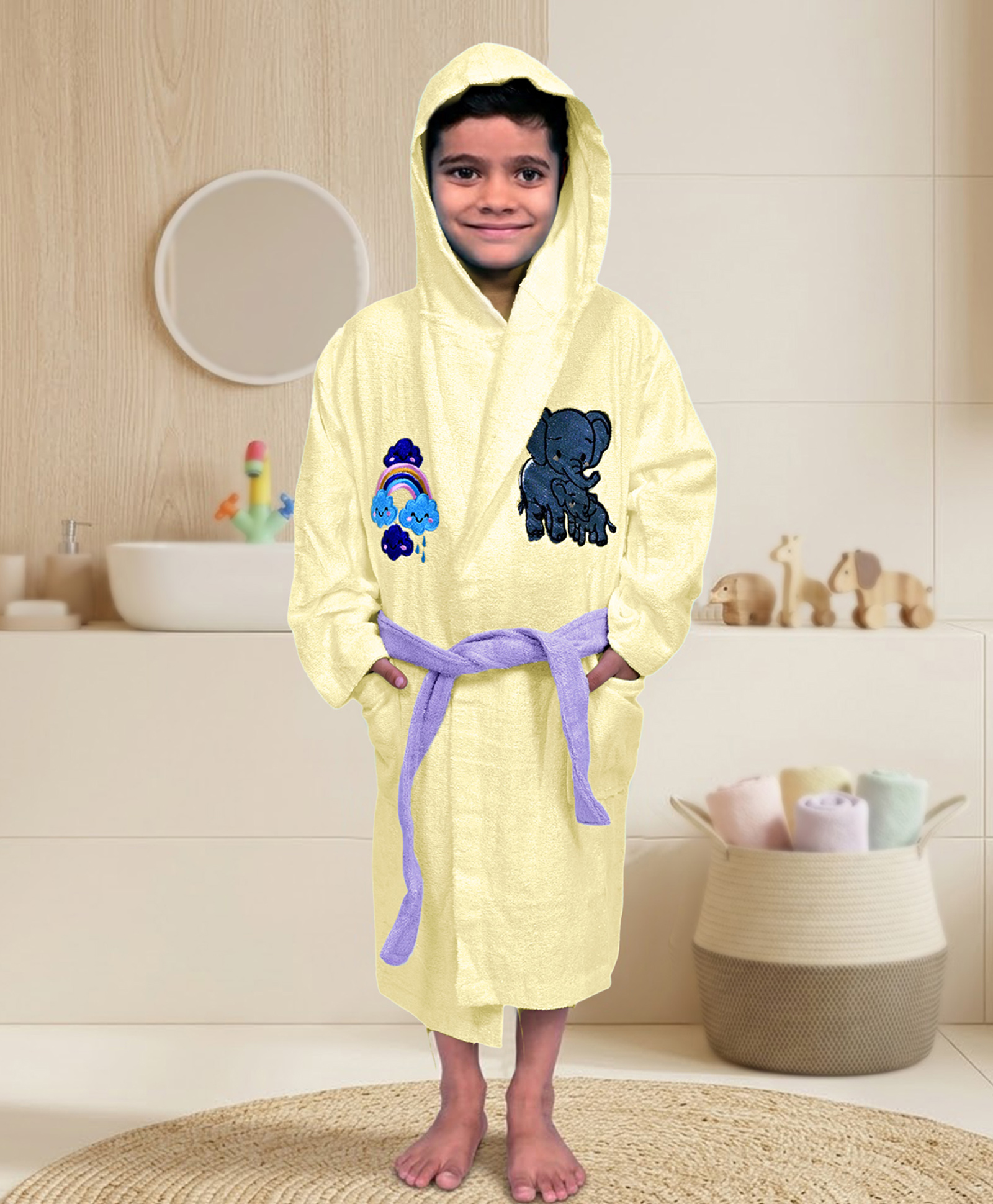 Mumma's Touch Bamboo Woven Elephant & Rainbow Patch Detailed Bathrobe - Yellow-picture-23