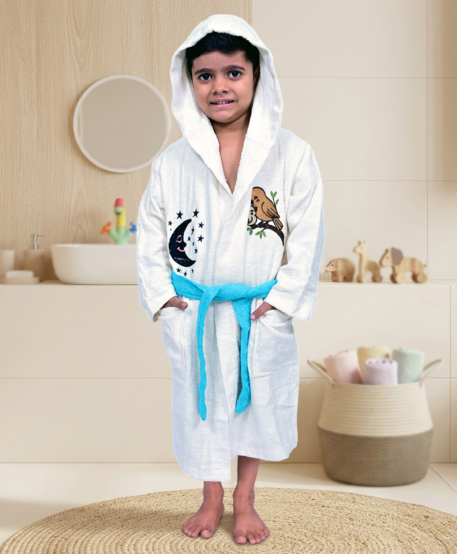 Mumma's Touch Organic Bamboo Fibre Woven Full Sleeves Birds Embroidered Hooded Bathrobe - White-picture-17