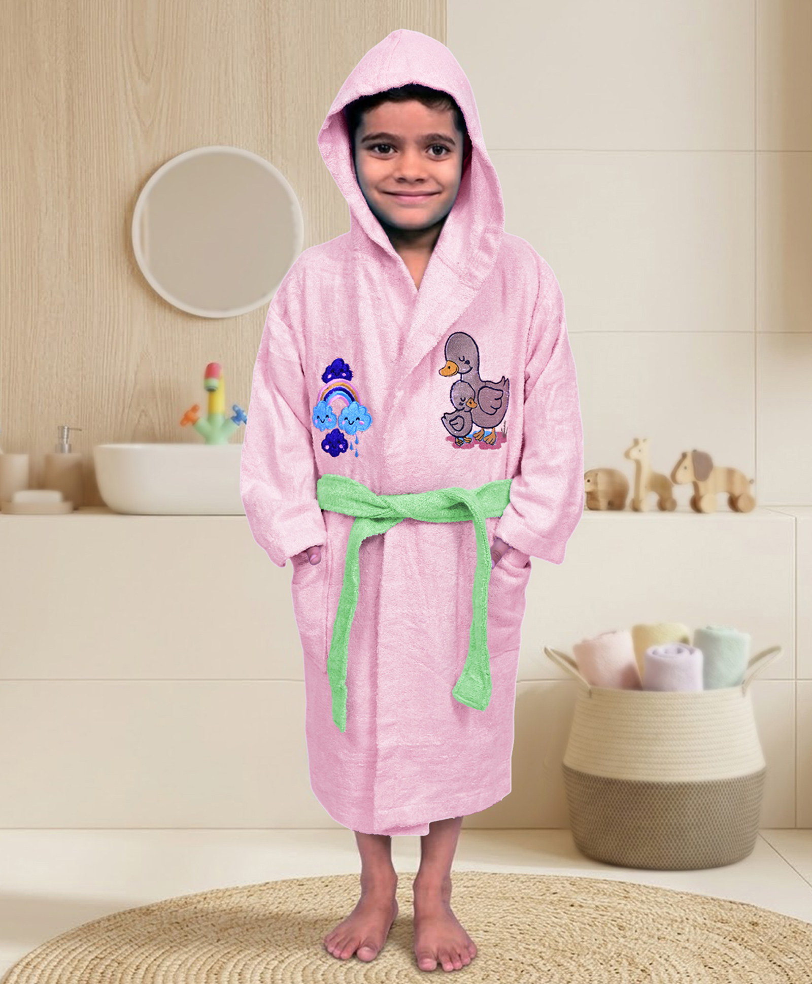 Mumma's Touch Organic Bamboo Fibre Woven Full Sleeves Duck Embroidered Hooded Bathrobe - Pink-picture-12