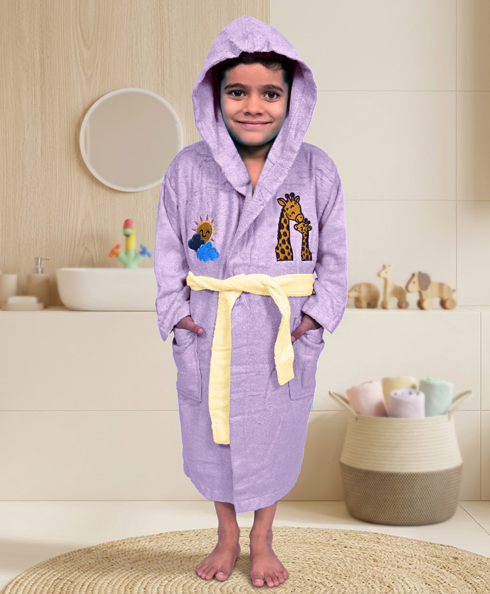 Mumma's Touch Organic Bamboo Fibre Woven Full Sleeves Giraffe Embroidered Hooded Bathrobe - Magenta-picture-23