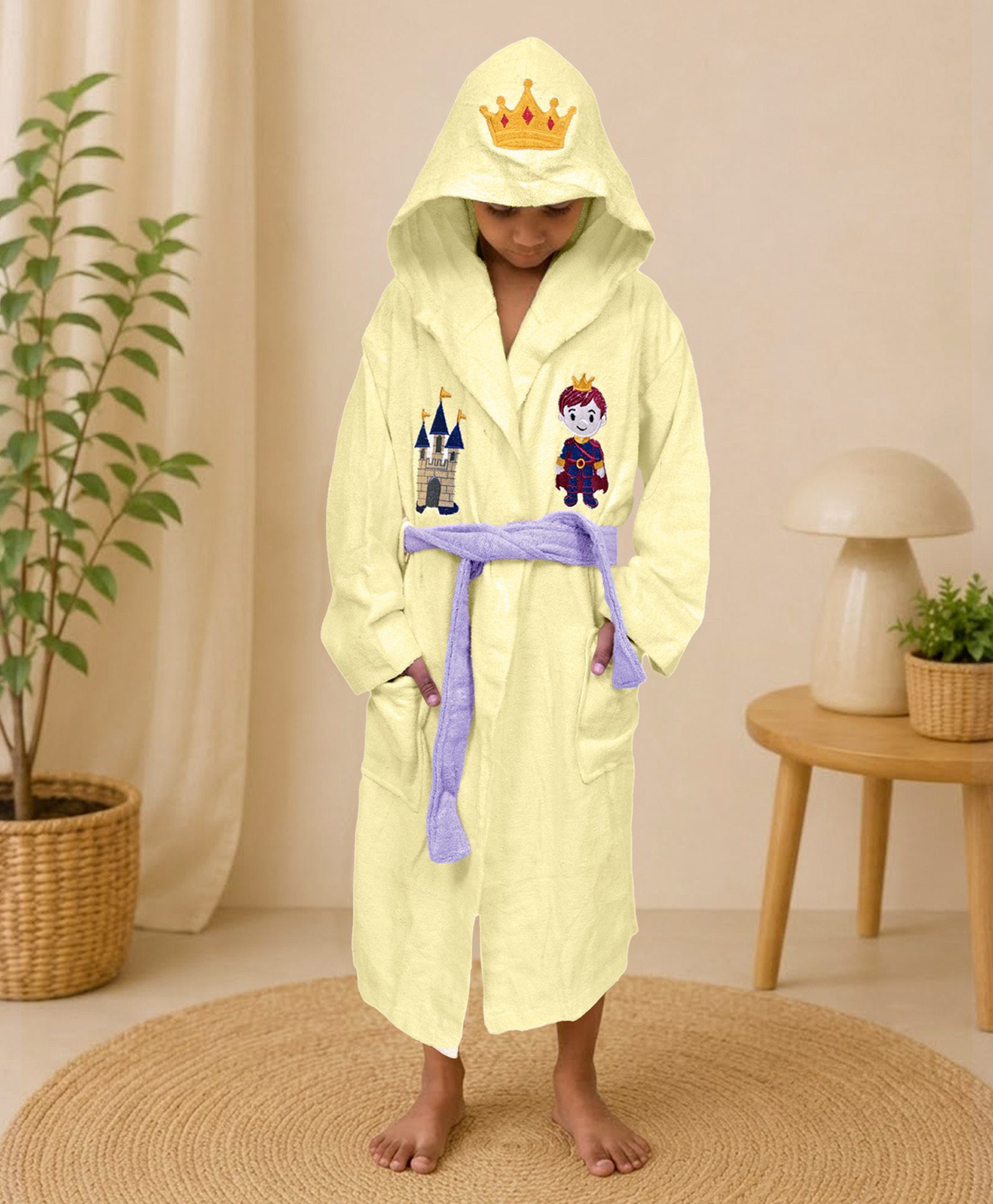 Mumma's Touch Organic Bamboo Fibre Woven Full Sleeves Castle Embroidered Hooded Bathrobe - Yellow-picture-27
