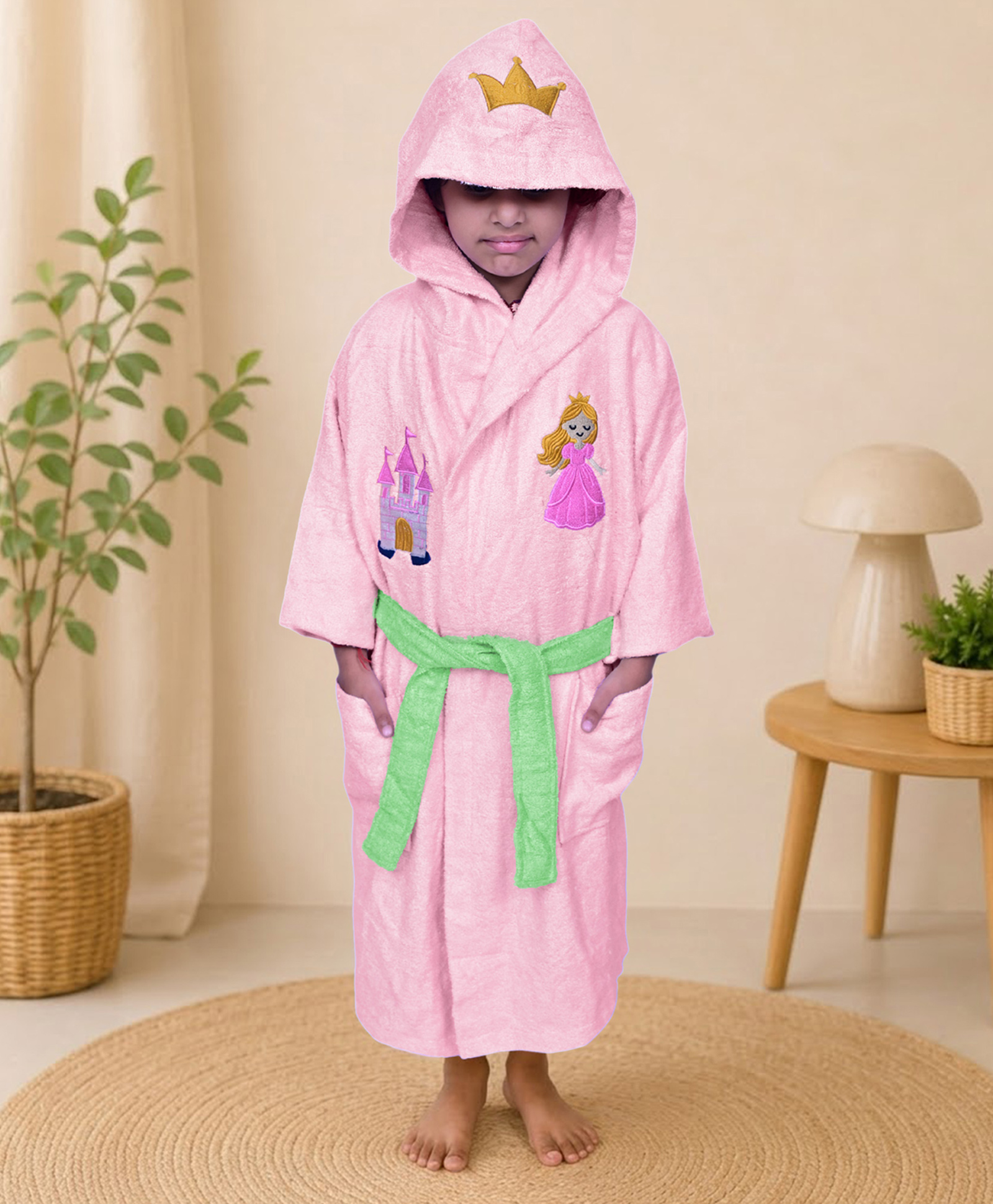Mumma's Touch Organic Bamboo Fibre Woven Full Sleeves Castle Embroidered Hooded Bathrobe - Pink-image-15