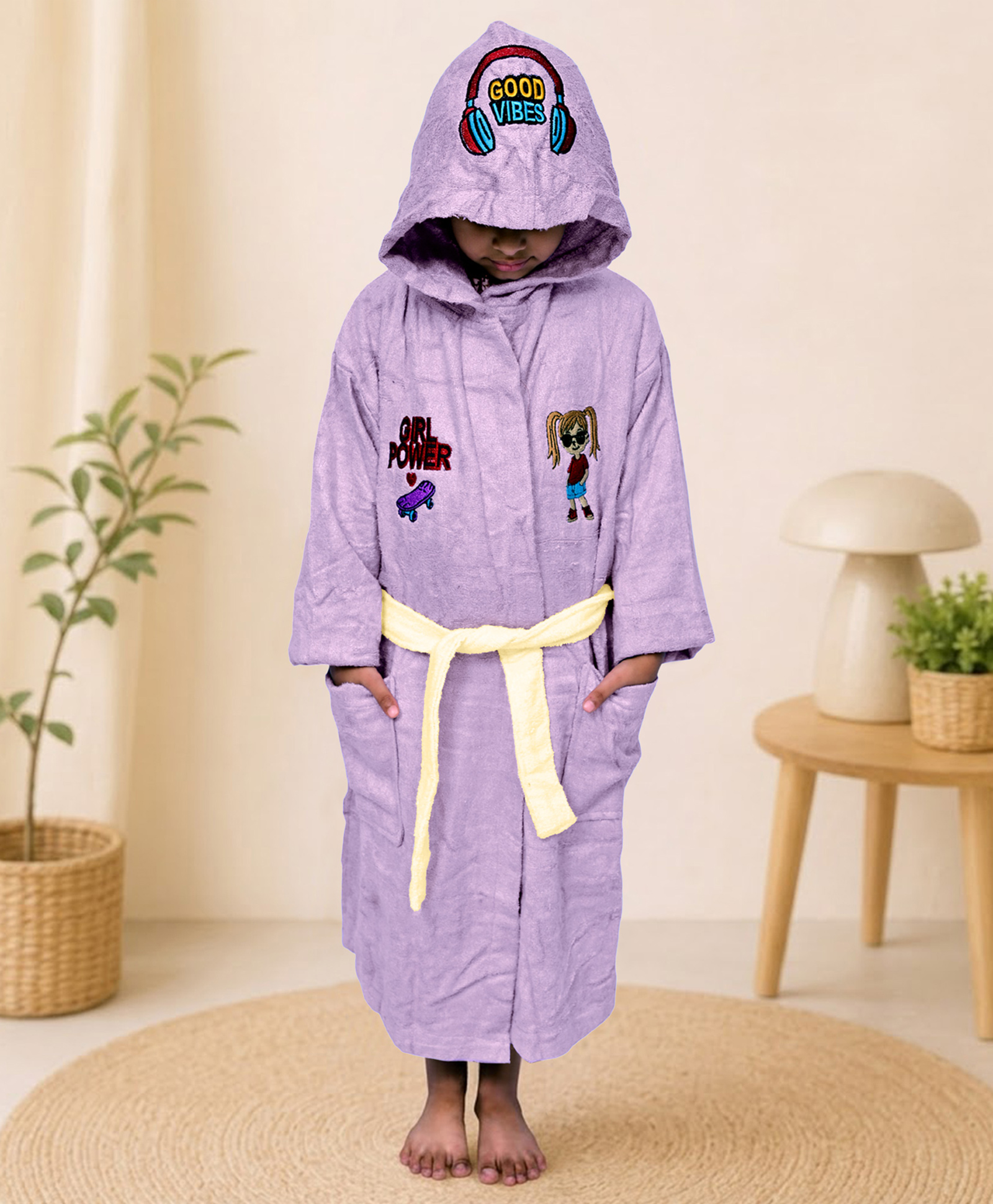 Mumma's Touch Organic Bamboo Fibre Woven Full Sleeves Girl Embroidered Hooded Bathrobe - Magenta-picture-30