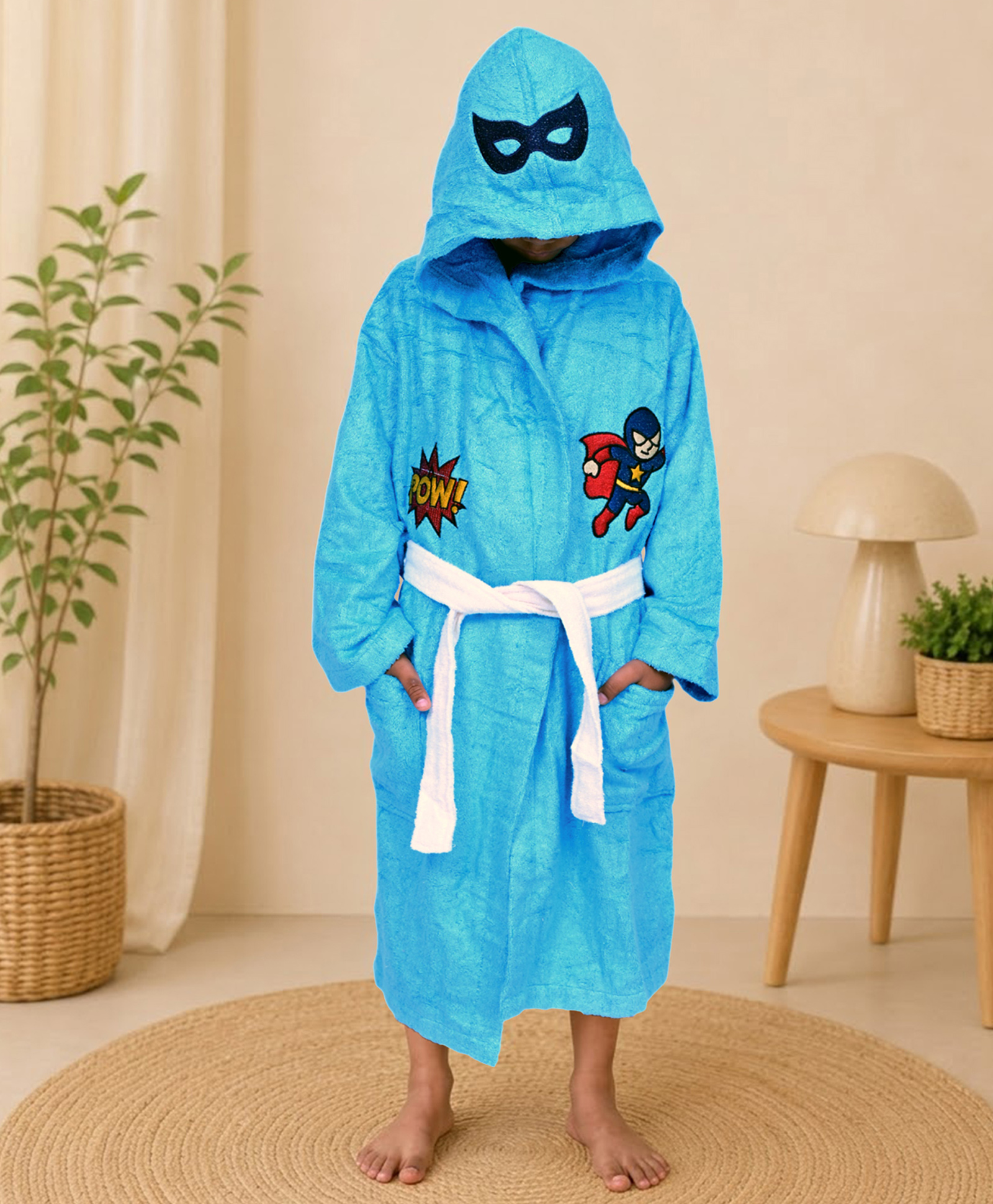 Mumma's Touch Organic Bamboo Fibre Woven Full Sleeves Superhero Embroidered Hooded Bathrobe-picture-27