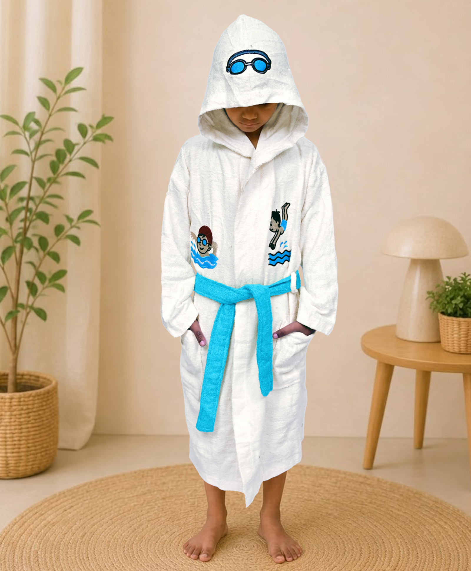 Mumma's Touch Organic Bamboo Fibre Woven Full Sleeves Boy Swimming Embroidered Hooded Bathrobe - White-image-9