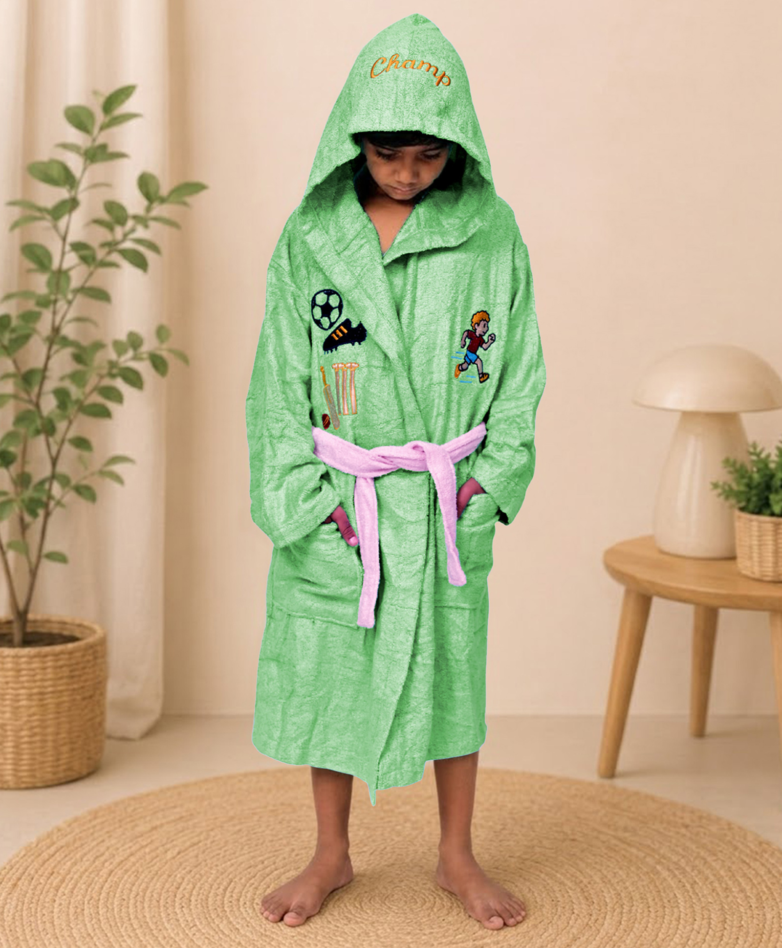Mumma's Touch Organic Bamboo Fibre Woven Full Sleeves Sports Theme Embroidered Hooded Bathrobe - Green-picture-18