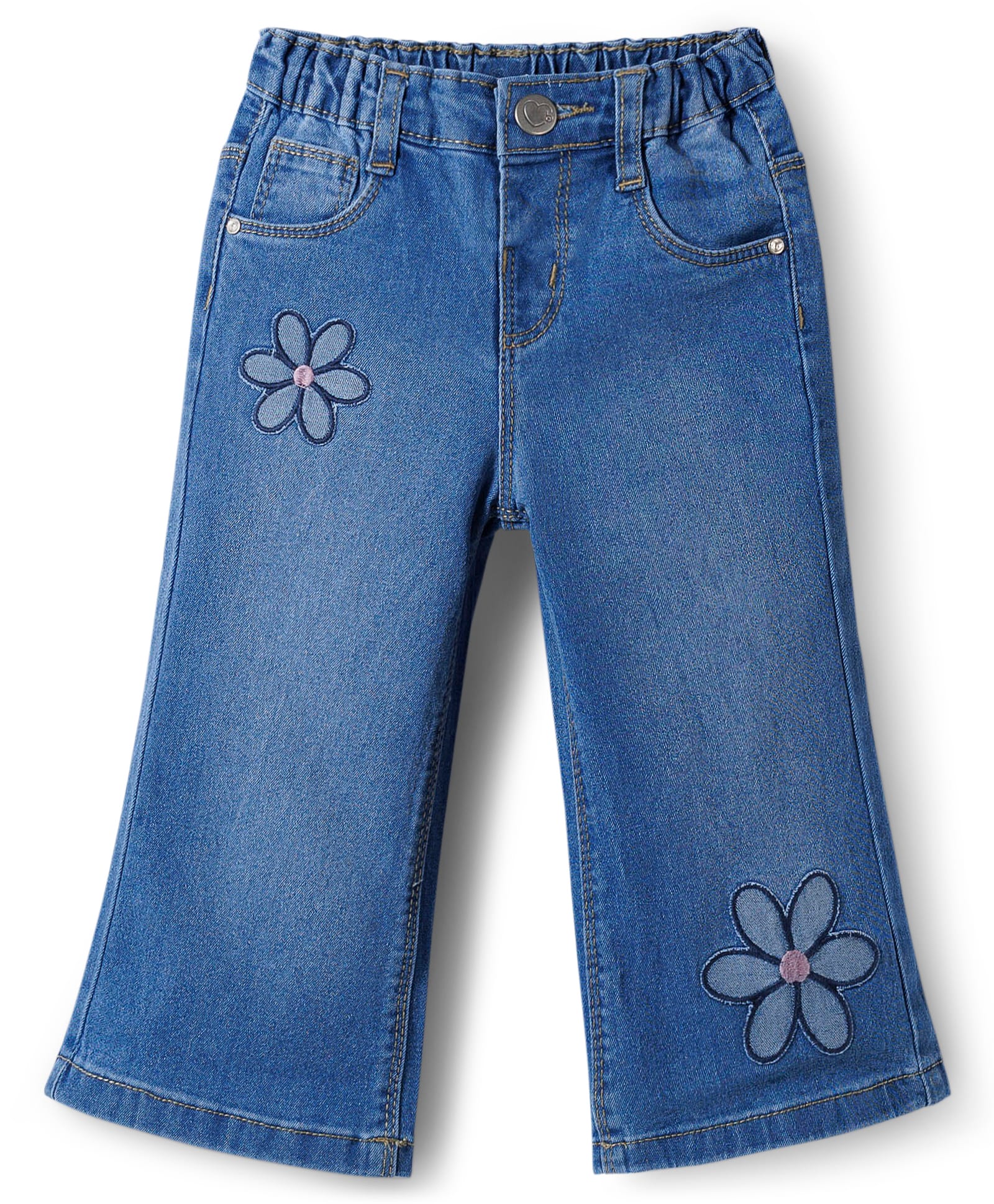 Babyhug Full Length Washed Denim Jeans With Stretch & Floral Embroidery - Blue-image-45