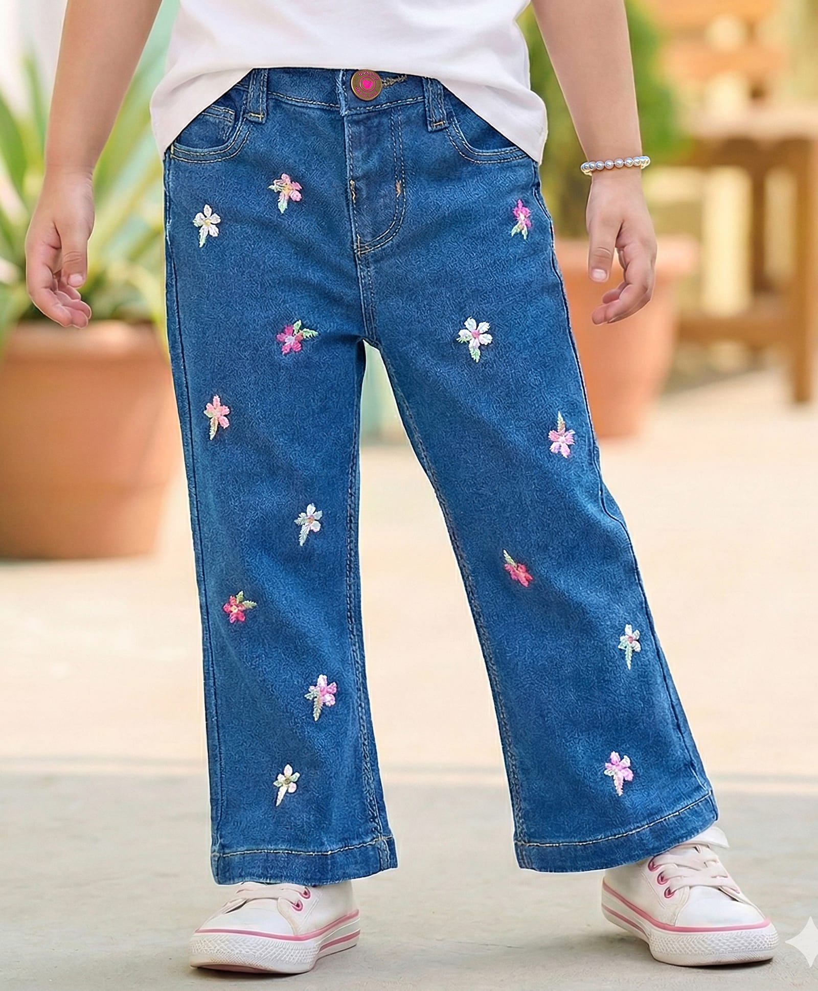 Babyhug Full Length Denim Jeans with Floral Embroidery - Blue