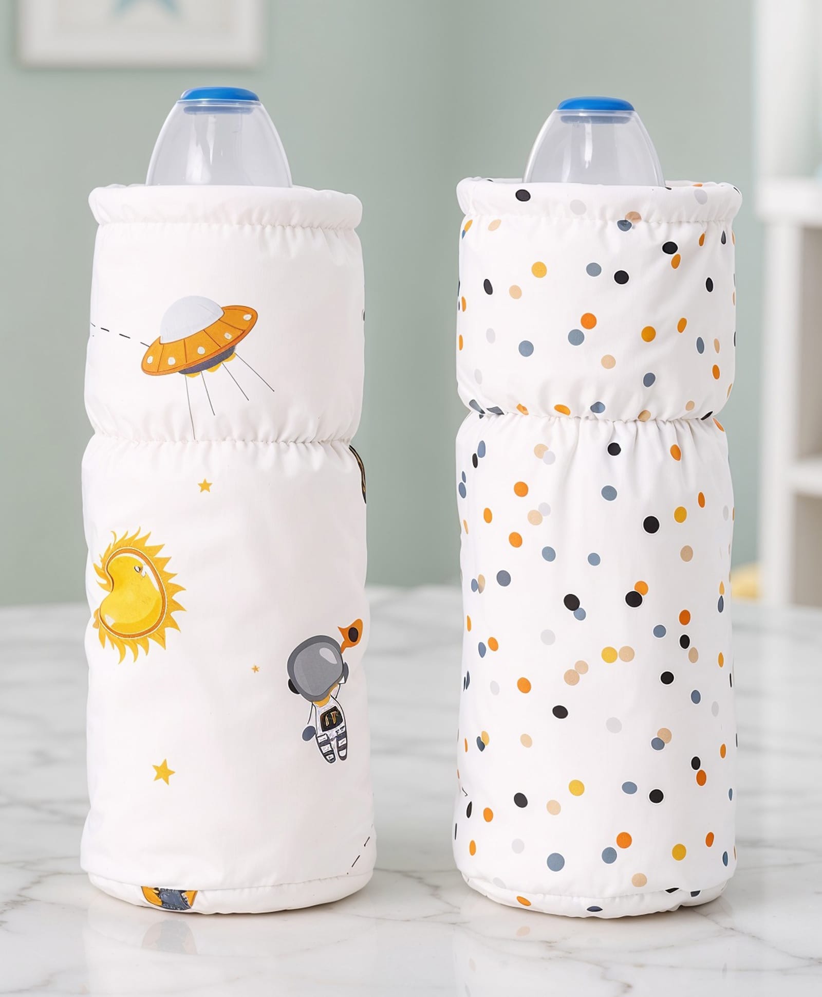 Babyhug Premium Cotton Bottle Cover Pack of 2 (Medium)| Soft Feeding Bottle Sleeve | Elastic Neck & Portable Design | Space Print - White| Carry Loop-image-22