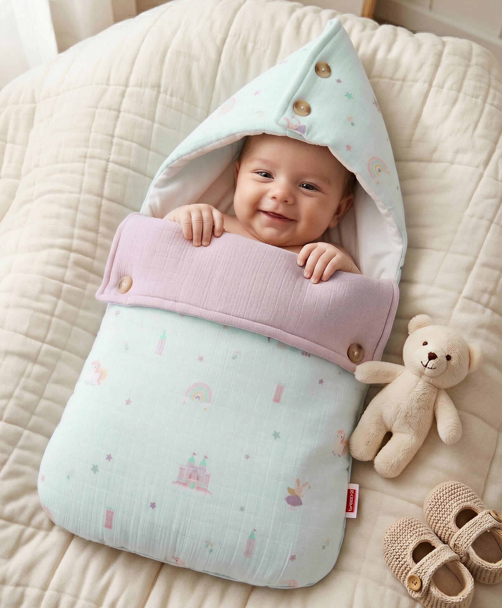 Babyhug Premium 100% Cotton Muslin Sleeping Bag - Woodland Print - Aqua Blue| Breathable Baby Sleep Sack| Hooded Swaddle Wrap| Easy Button Closure| Soft Lightweight Quilt| New Born Essential-image-41