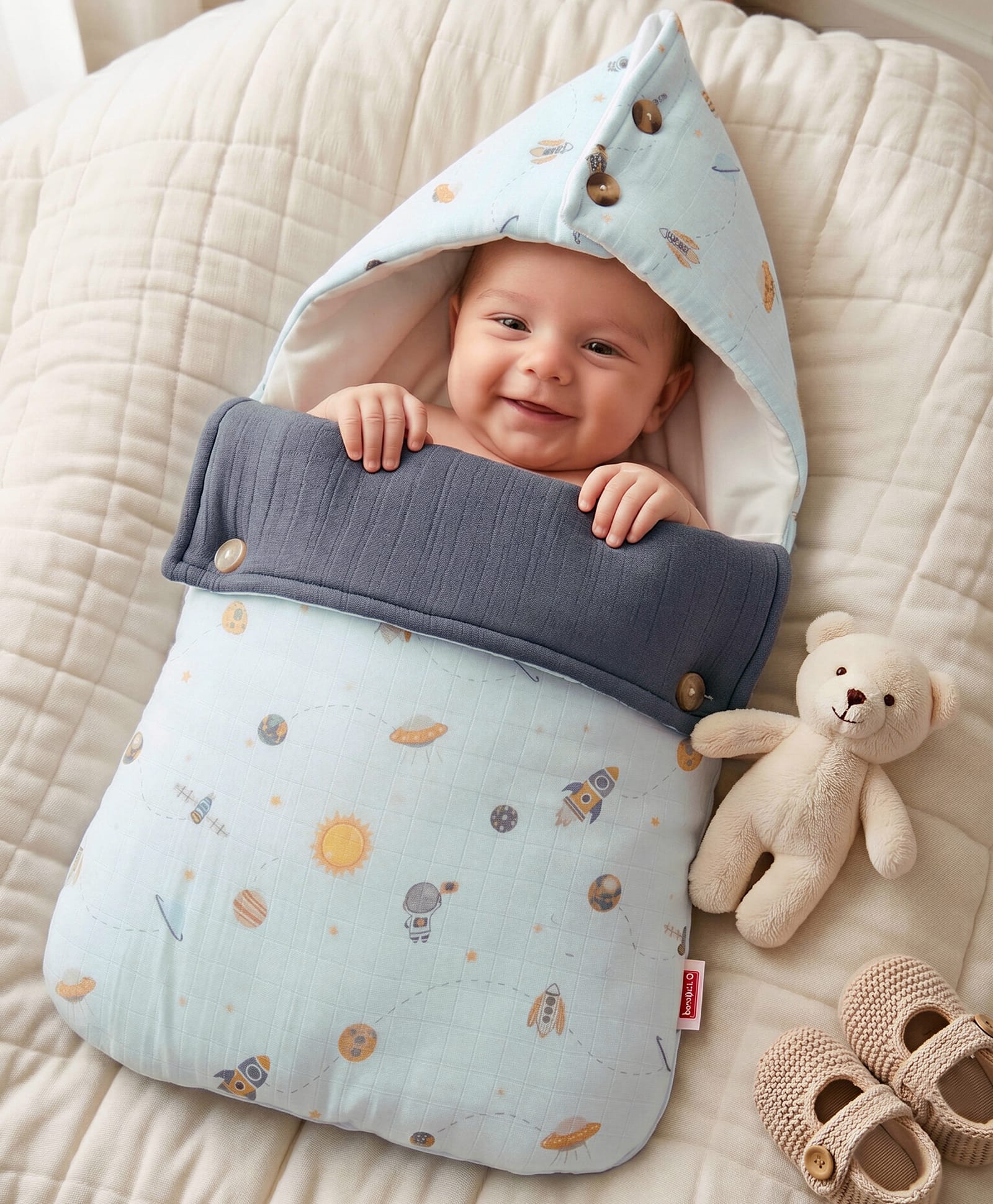 Babyhug Premium 100% Cotton Muslin Sleeping Bag - Woodland Print - Light Blue| Breathable Baby Sleep Sack| Hooded Swaddle Wrap| Easy Button Closure| Soft Lightweight Quilt| New Born Essential-picture-10