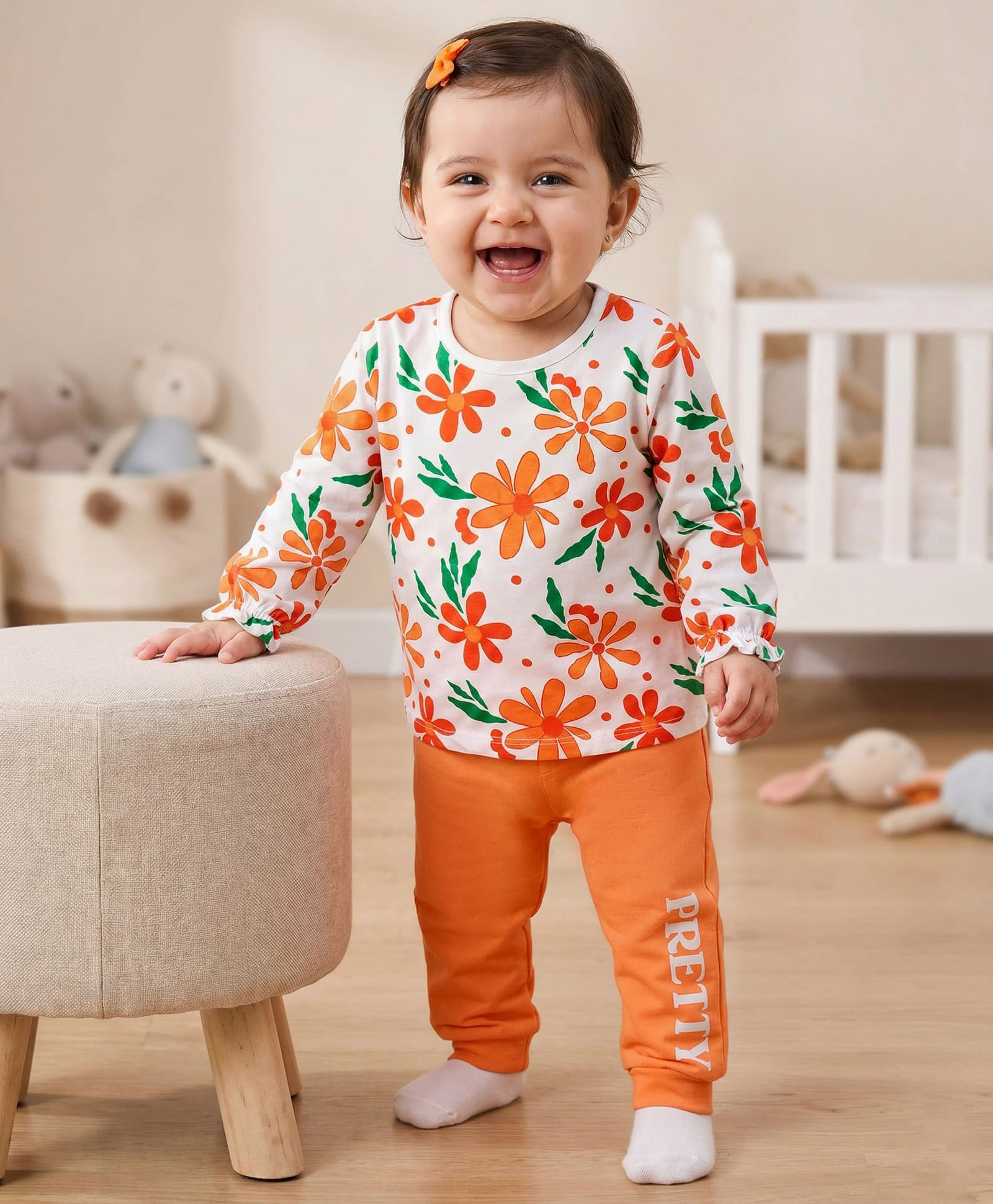 Doodle Poodle 100% Cotton Single Jersey Knit Full Sleeves Top & Lounge Pant Set With Floral Print - White & Orange-picture-33