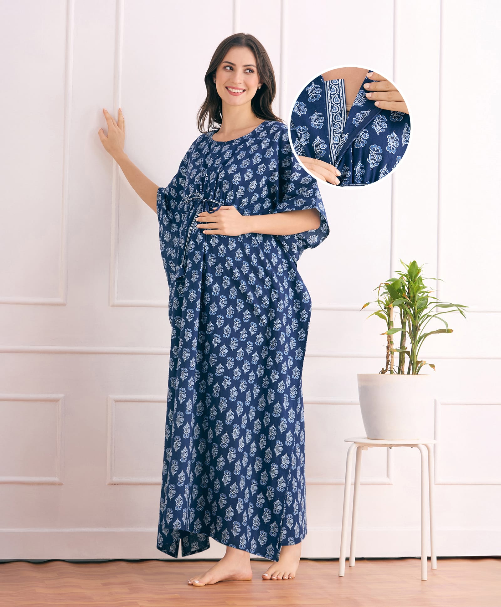 Bella Mama Cotton Woven Half Sleeves Maternity Kaftan With Floral Print - Blue