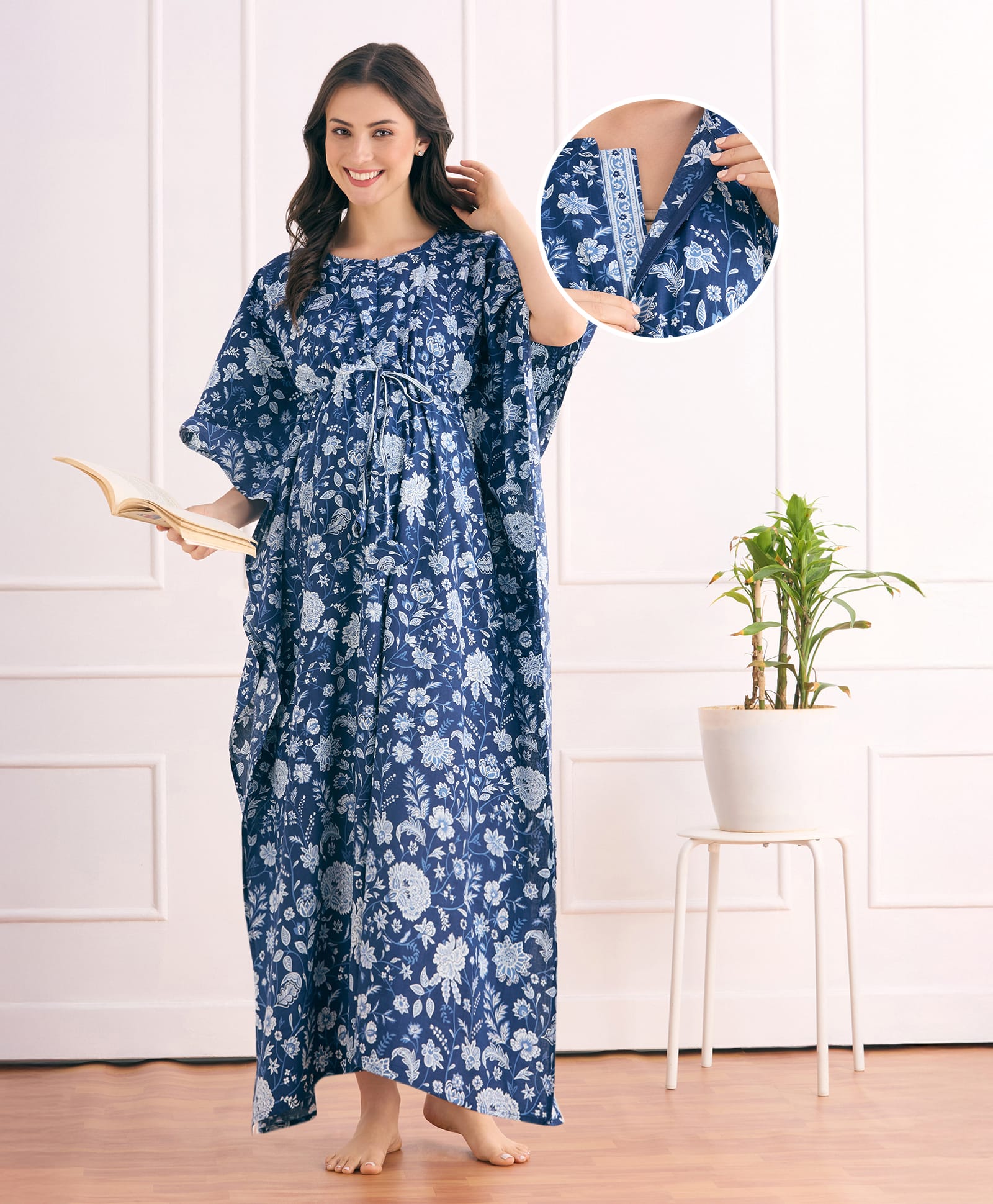 Bella Mama Cotton Woven Half Sleeves Maternity Kaftan With Floral Print - Blue-picture-37