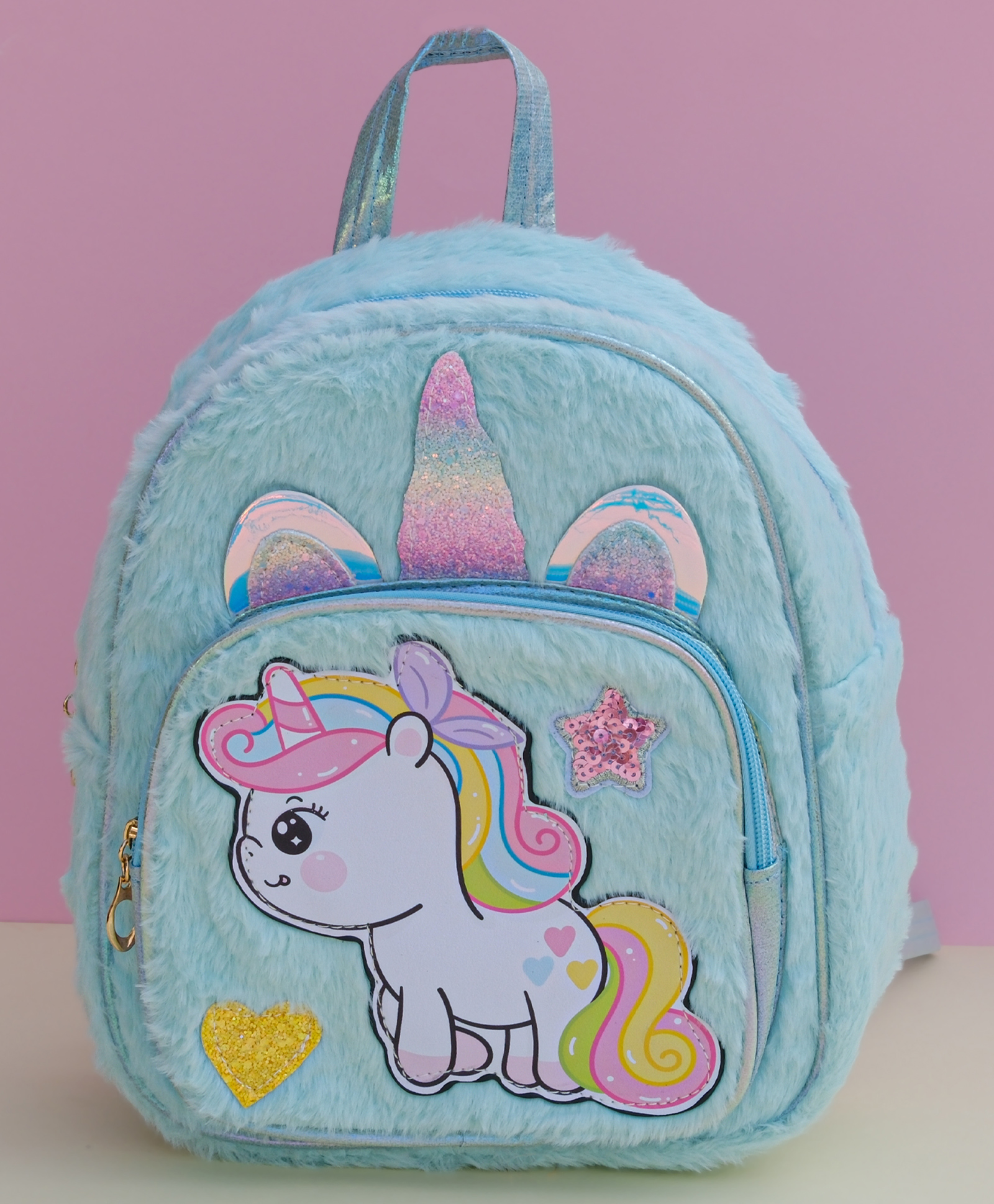 Dukiekooky Kids Light Blue Furry Fabric with Glitter Details Plush Unicorn Mini Backpack - 11 inches-image-39