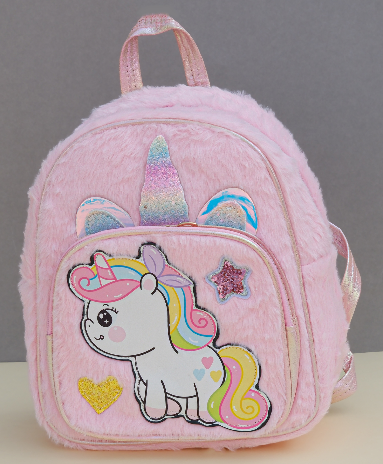 Dukiekooky Kids Pink Furry Fabric with Glitter Details Plush Unicorn Mini Backpack - 11 inches-image-47