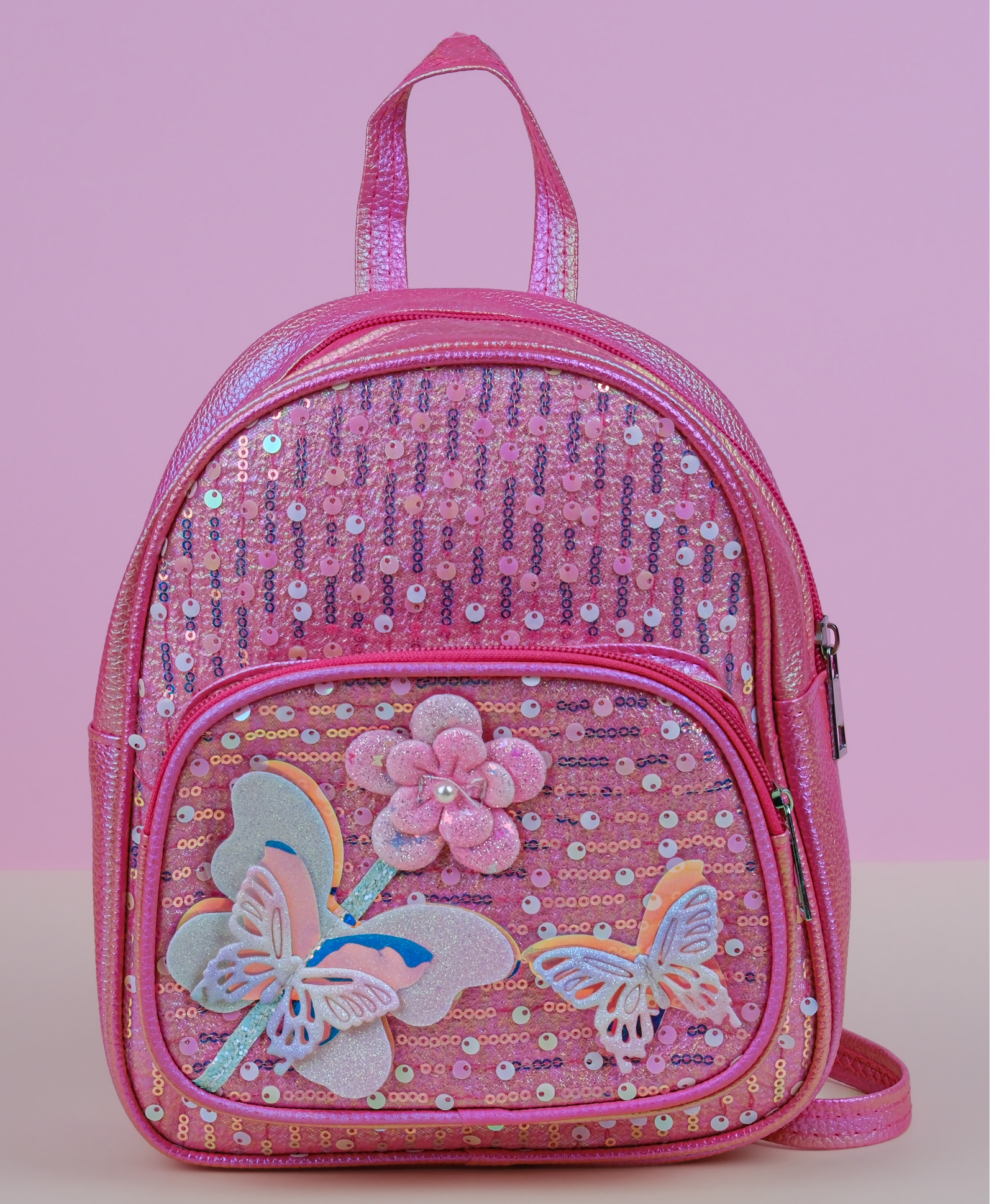 Dukiekooky Girls Pink Metallic Sequin with Butterfly Design Quilted Pattern Mini Backpack- 9 Inches-image-24