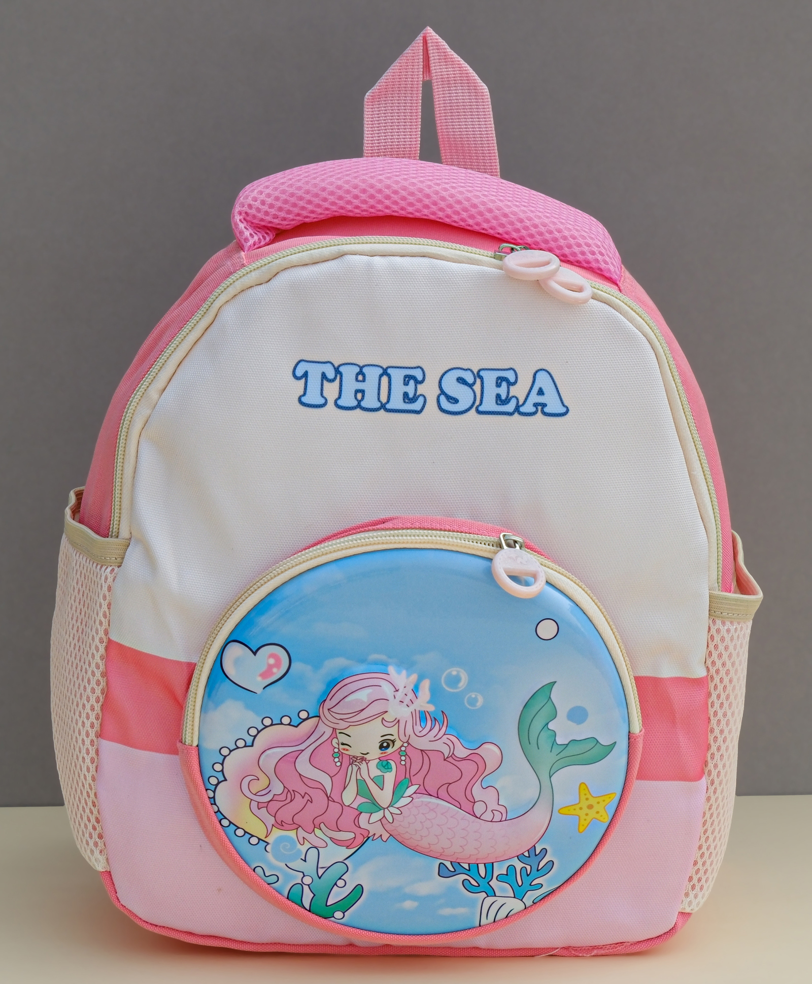 Dukiekooky Kids Pink and Cream Colors Mermaid The Sea Theme with Mesh Pockets School Backpack- 12 Inches-image-48