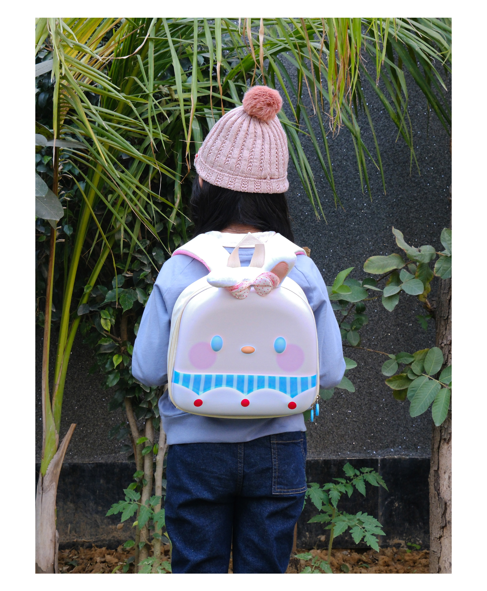 Dukiekooky Kids Cream and Pink Mesh Back Panel Decorative Bow School Bunny Backpack- Height 9.4 Inches-image-46