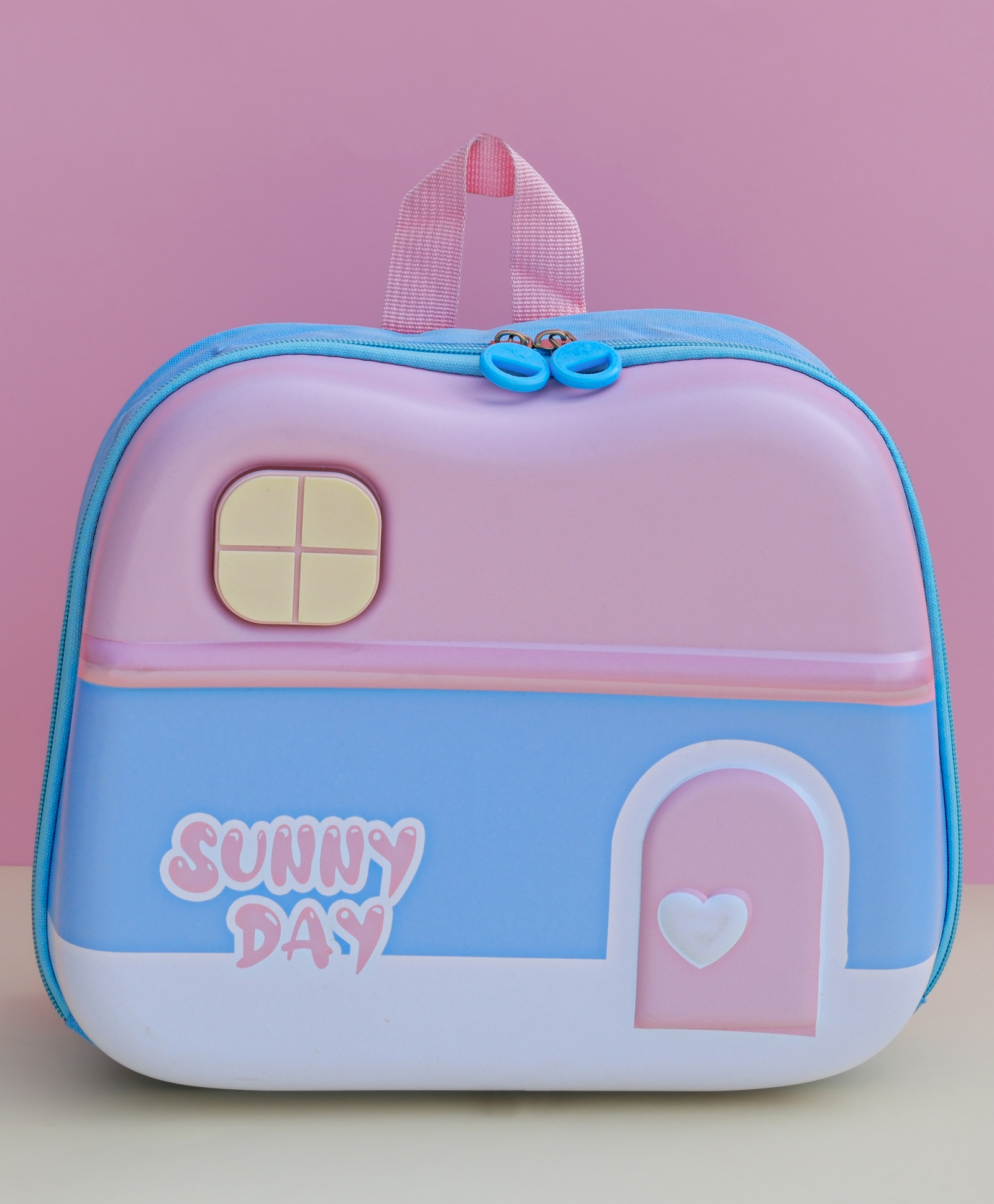 Dukiekooky Pink and Blue Mesh Back Panel Heart Door Design Sunny Day Kids Backpack- Height 9.4 Inches-picture-13