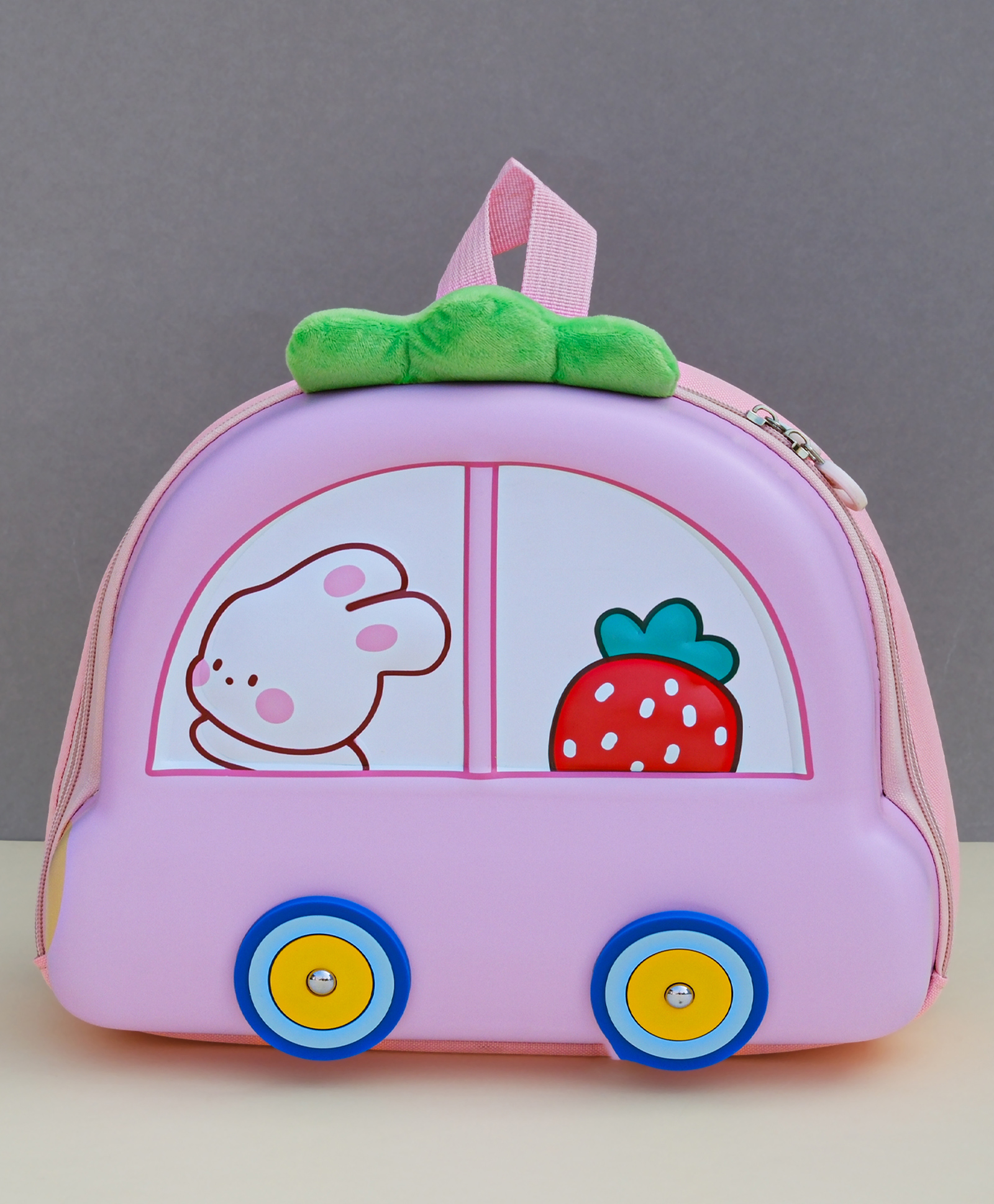 Dukiekooky Kids Pink with Green Accents Bunny and Strawberry Design Car Shaped School Backpack-Height 9 Inches-image-17