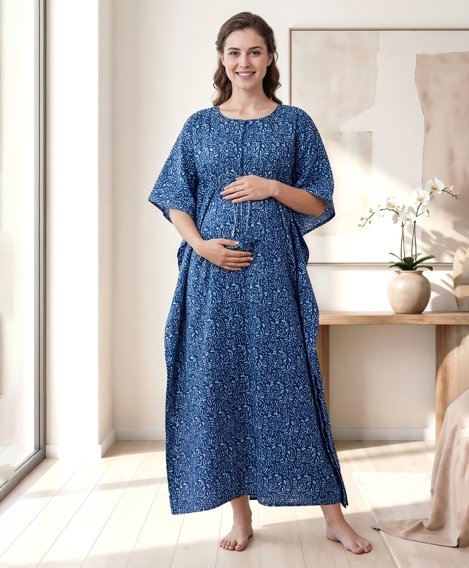 Bella Mama Cotton Woven Half Sleeves Maternity Kaftan With Floral Print - Blue-image-42