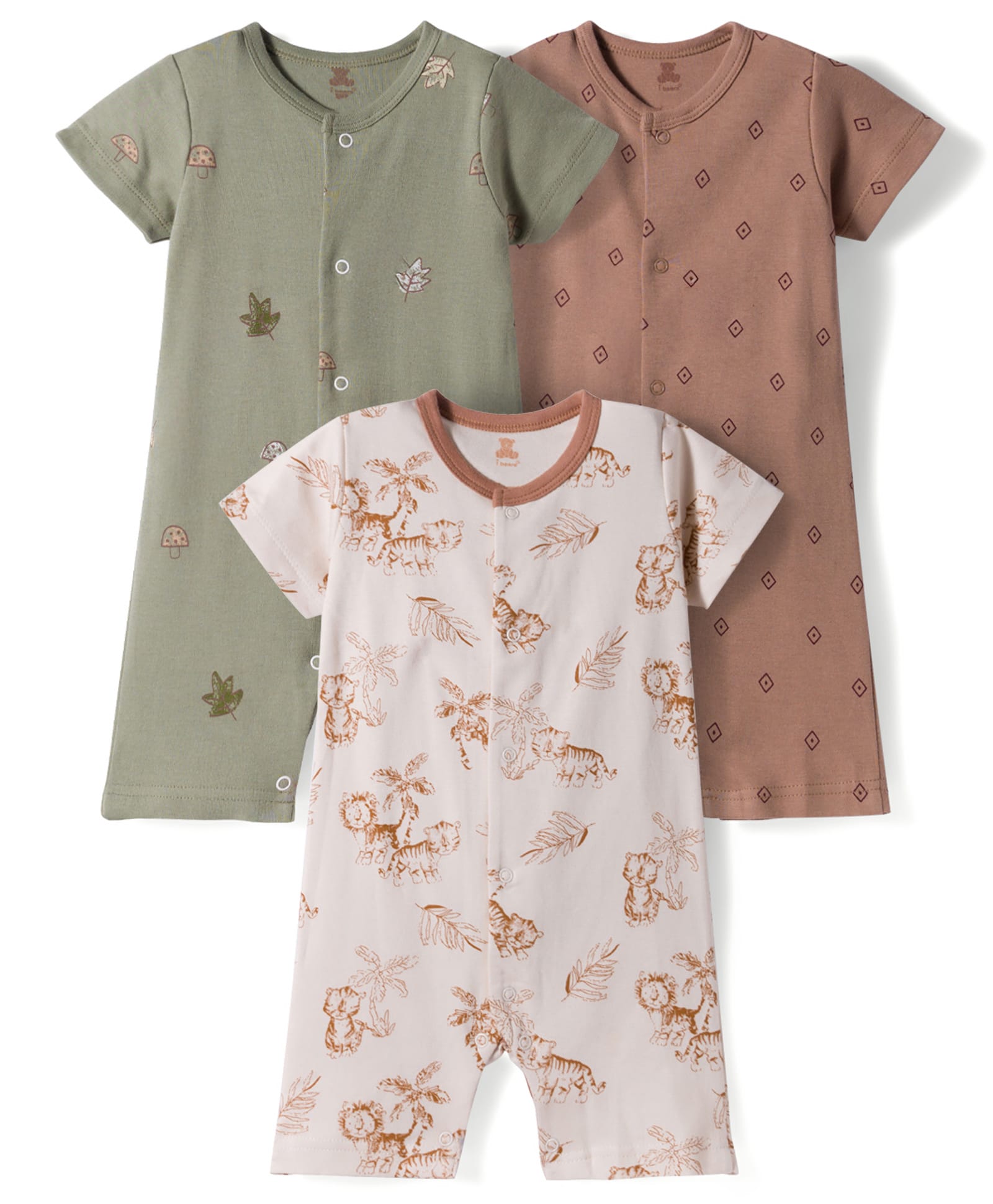 I Bears Interlock Knit Half Sleeves Rompers with Jungle Theme Print Pack Of 3 - Multicolor-image-13