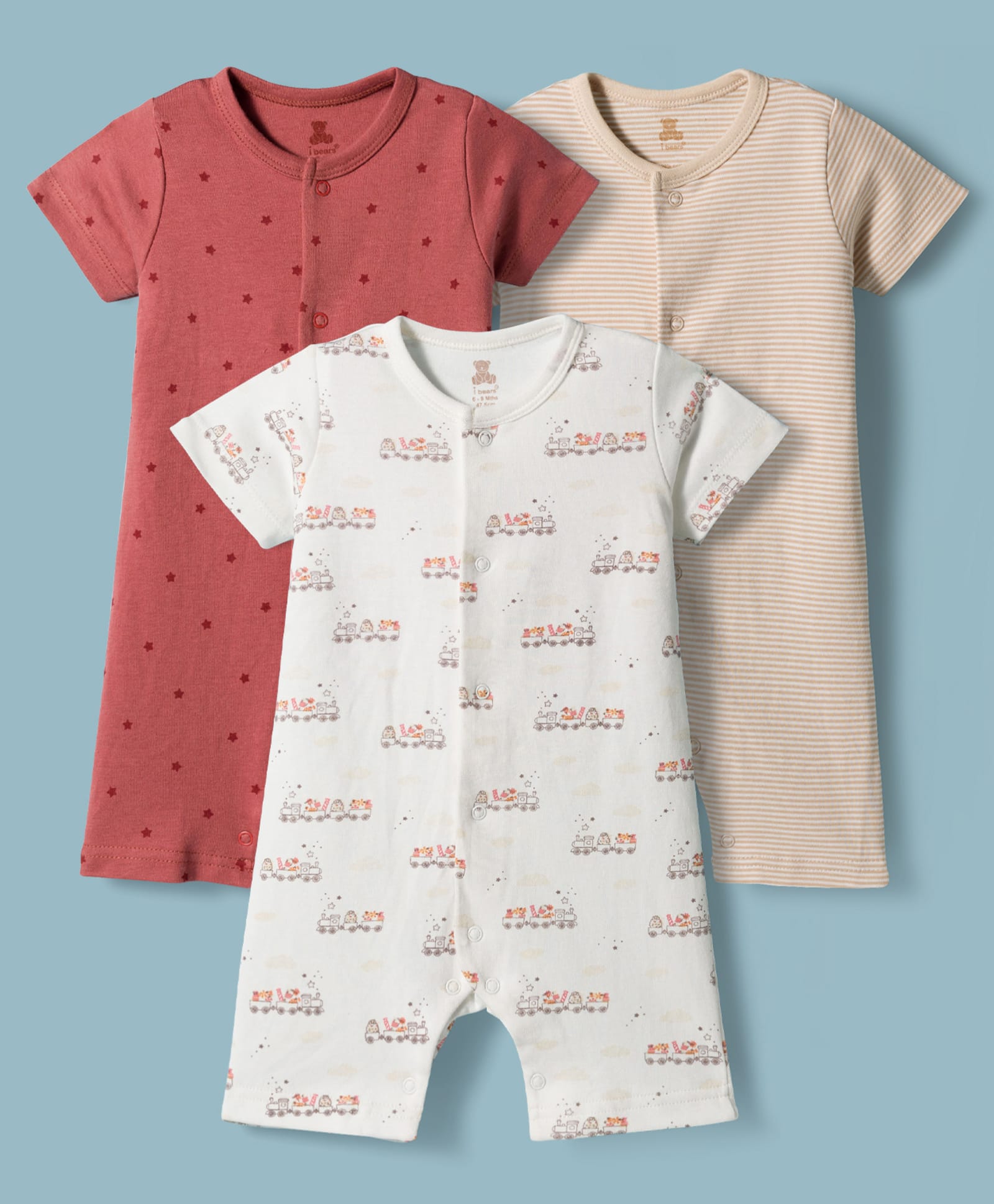 I Bears Interlock Knit Half Sleeves Striped & Printed Rompers Pack of 3 - Multicolor-image-2