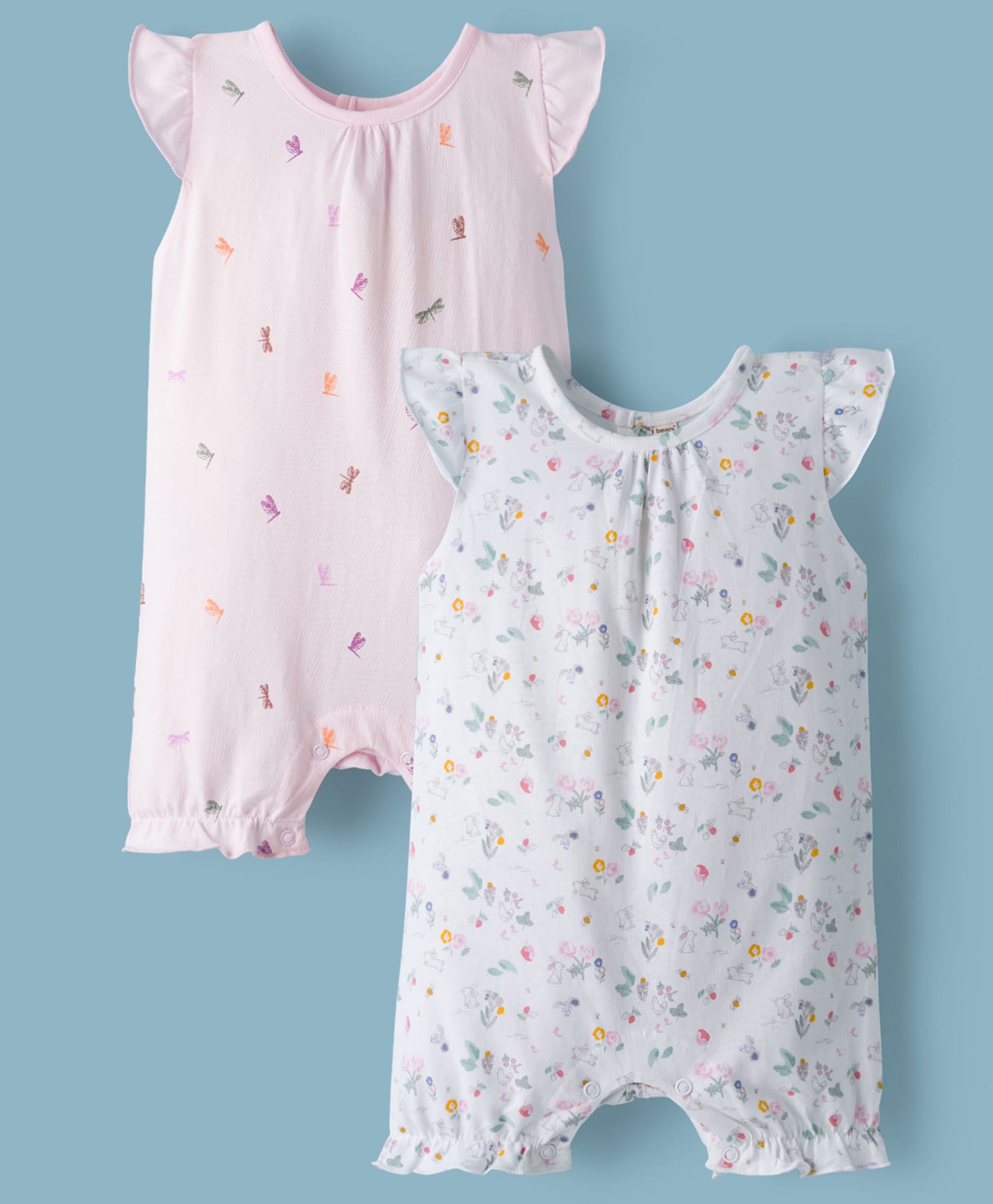 I Bears Interlock Knit Frill Sleeves Rompers with Floral Print Pack Of 2 - Pink & White-image-40