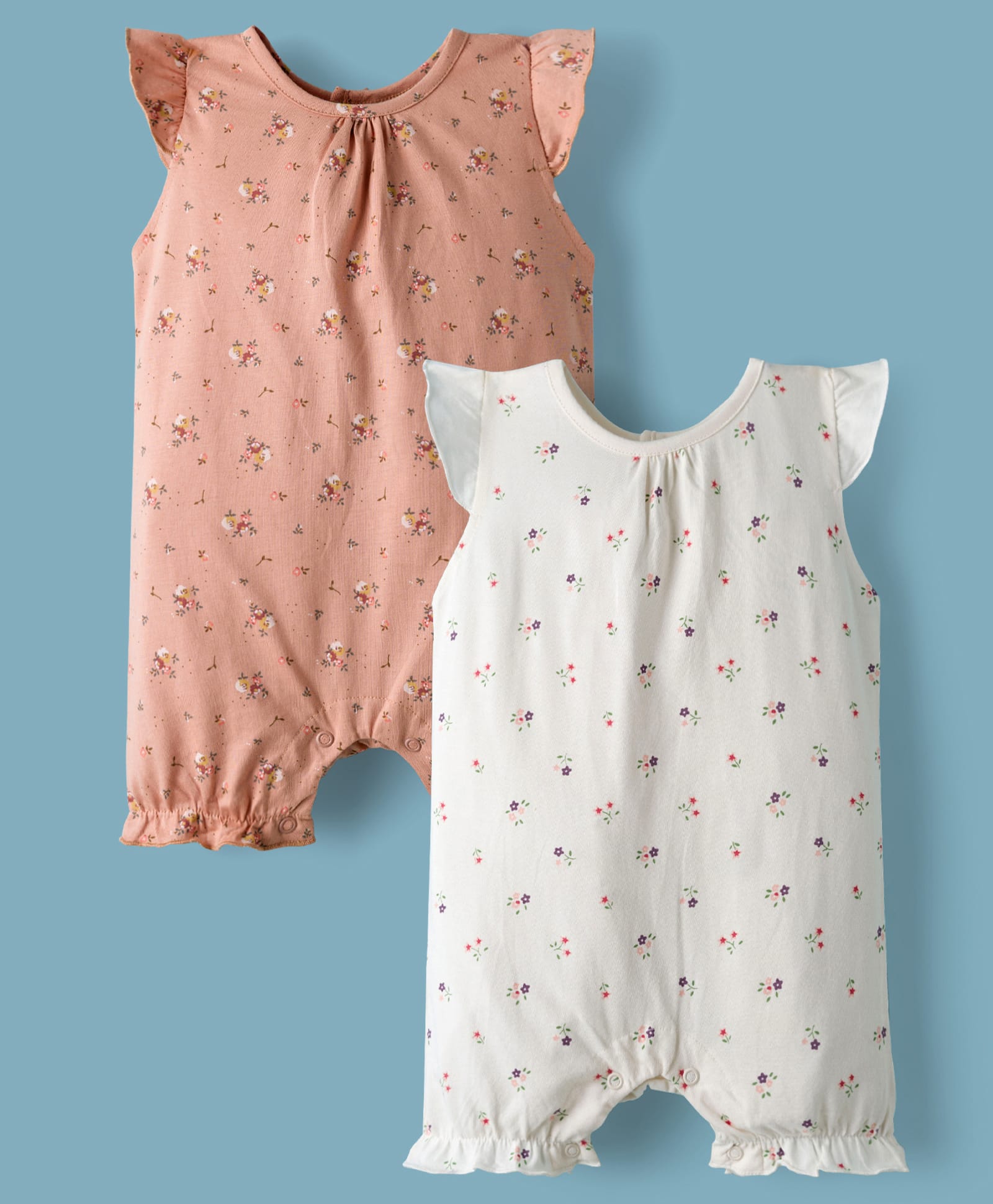 I Bears Interlock Knit Frill Sleeves Rompers with Floral Print Pack Of 2 - Peach & White-image-42