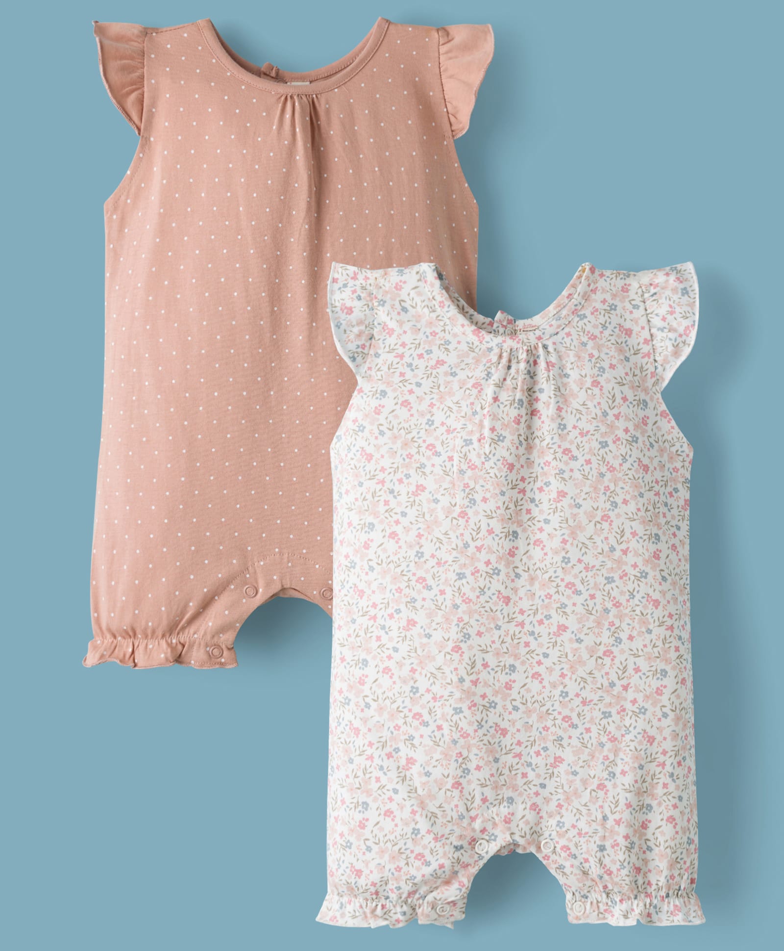 I Bears Interlock Knit Frill Sleeves Rompers with Floral & Polka Dot Print Pack Of 2 - Peach & White-image-48