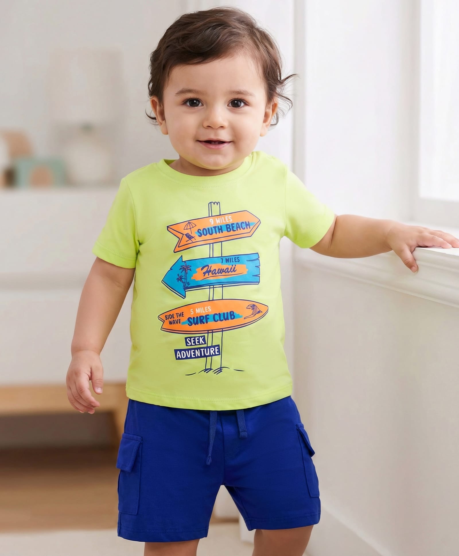 Doodle Poodle 100% Cotton Single Jersey Knit Half Sleeves T-Shirt & Shorts Set with Beach Theme Print - Light Green & Blue-image-28