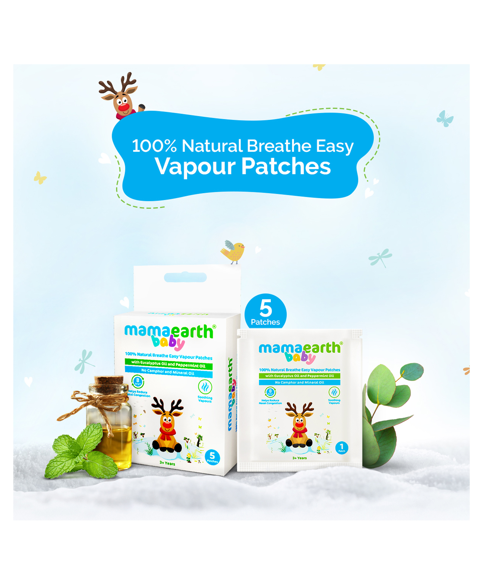 Mamaearth Baby 100% Natural Breathe Easy Vapour Patches with Eucalyptus Oil & Peppermint Oil Free from Camphor & Mineral Oil 8 Hrs Of Relief Nasal Congestion - Pack Of 5