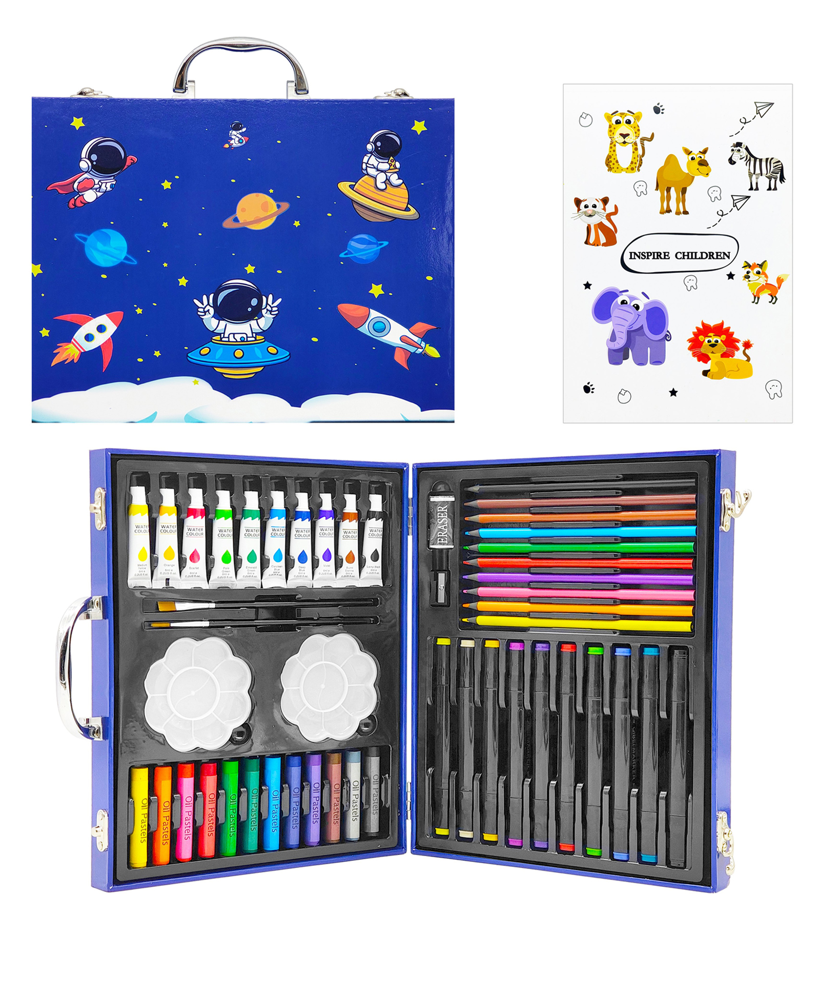 VGRASSP 50 Pcs Space Theme Drawing And Coloring Kit Toy For Kids - Portable Complete Art Set With Oil Pastels, Watercolors, Dual Tip Markers And More - School Stationery Gift - Color May Vary-picture-17