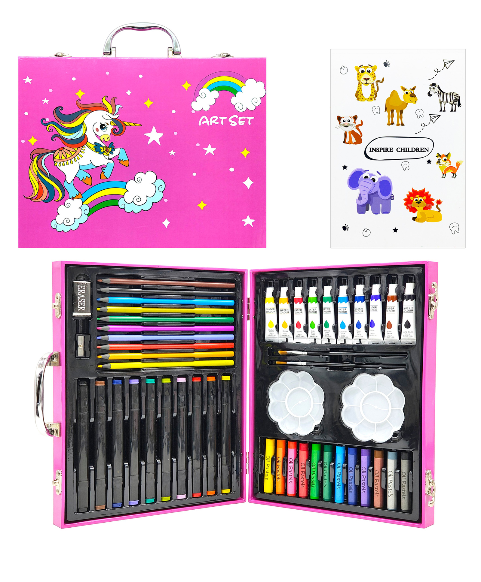 VGRASSP 50 Pcs Unicorn Theme Drawing And Coloring Kit Toy For Kids - Portable Complete Art Set With Oil Pastels, Watercolors, Dual Tip Markers And More - School Stationery Gift - Color May Vary-picture-18