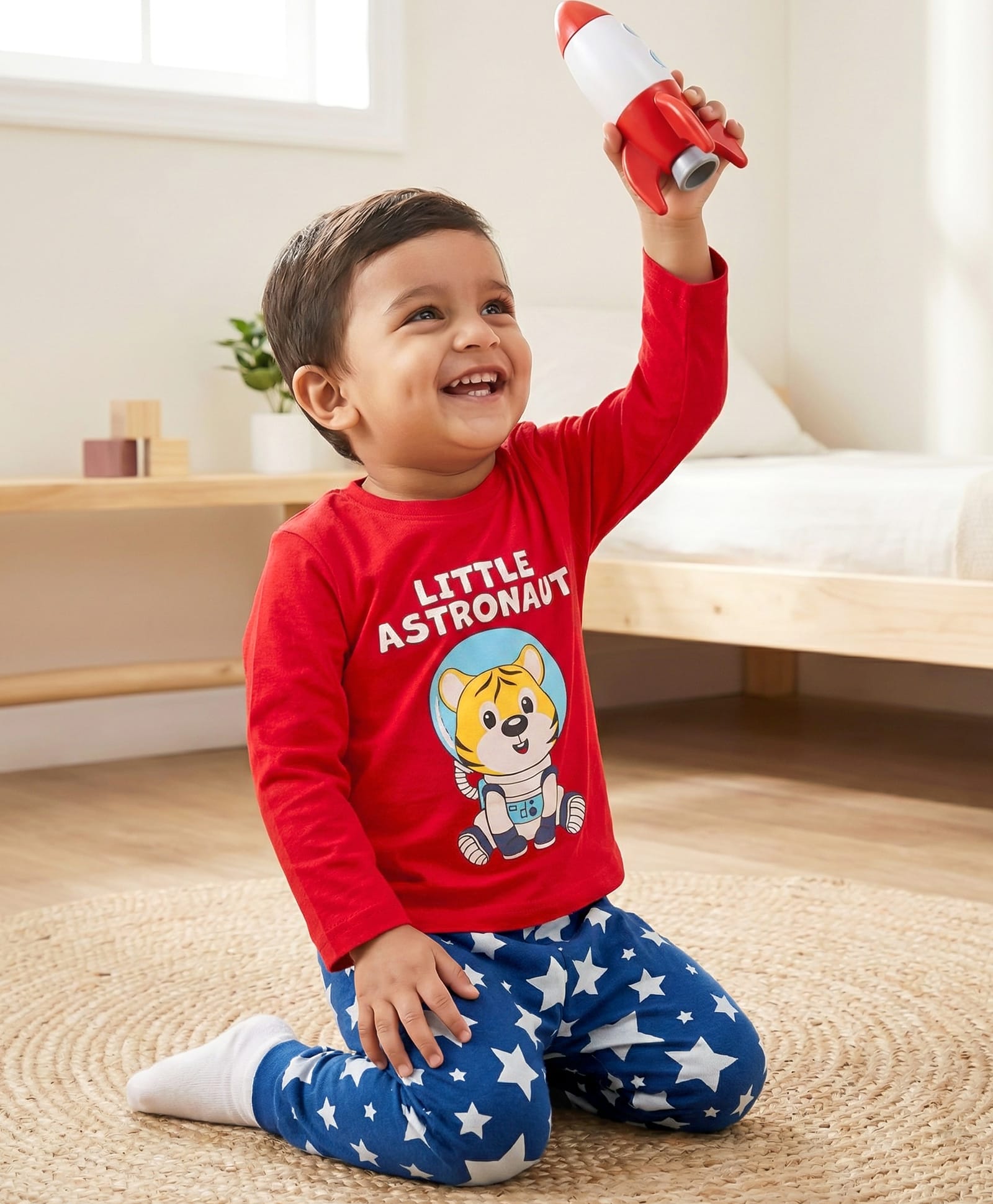 Babyhug Cotton Knit Full Sleeves T-Shirt & Pyjama Night Suit With Tiger Astronaut Print - Red & Blue