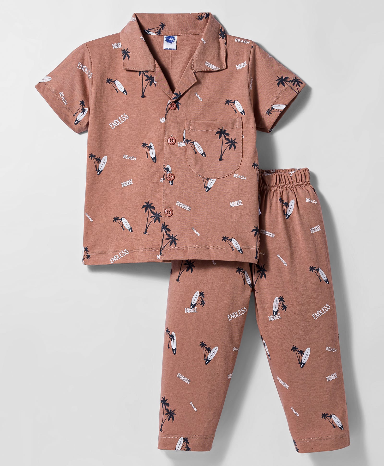Teddy Sinker Knit Half Sleeves Co-ords Night Suit With Tropical Theme Print - Brown-image-22